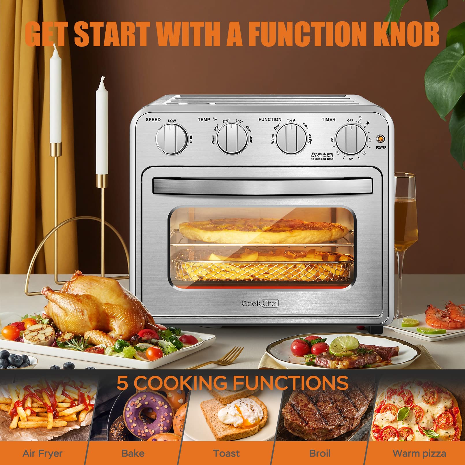 Geek Chef 16QT Convection Air Fryer Toaster Oven, Silver Stainless Steel, Oilless Cooker with Accessories & E-Recipes Included