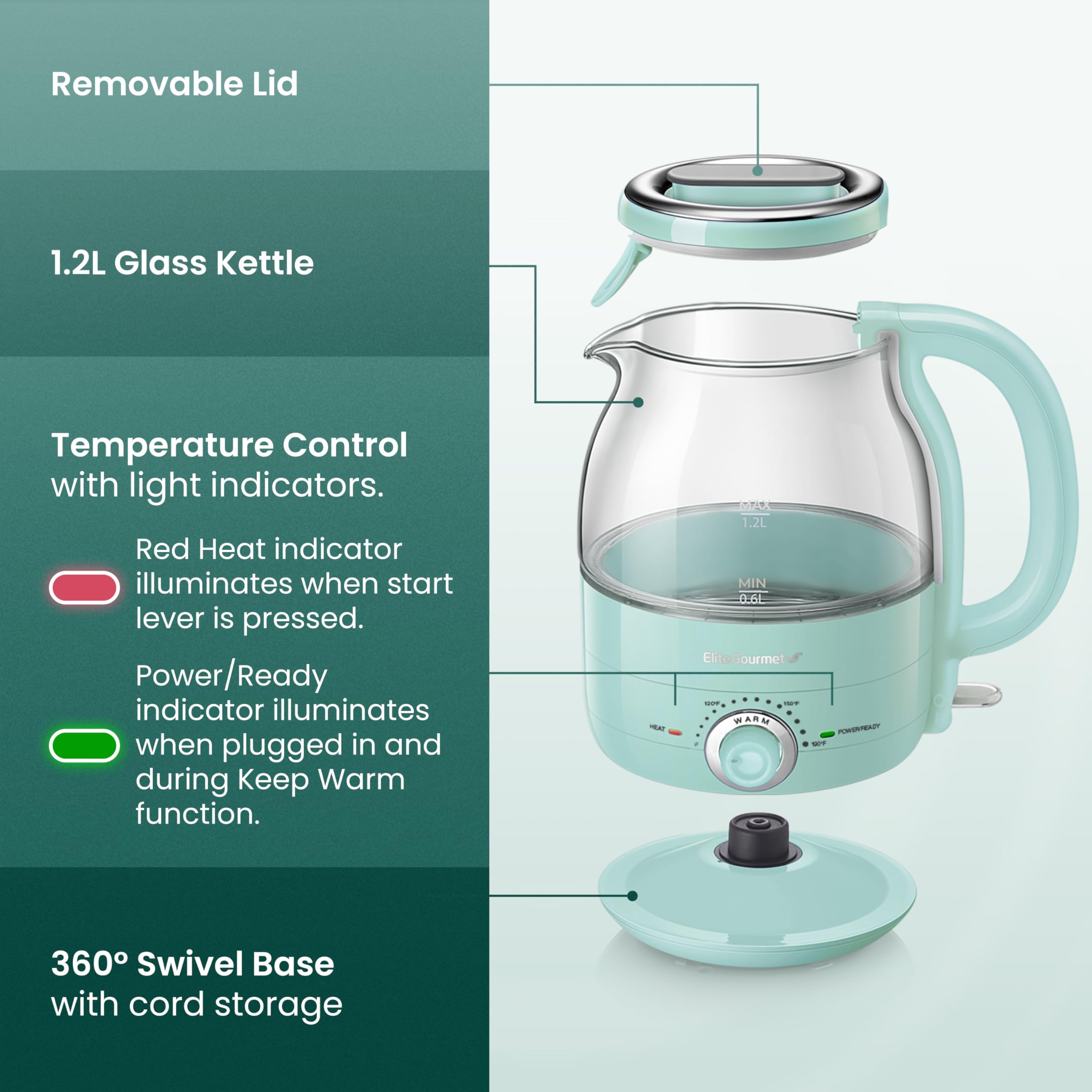 Elite Gourmet Electric Kettle 1.2L BPA-Free Stainless Steel Mint EKT1220M, Auto Shut-Off, Keep Warm, Cordless 360° Base