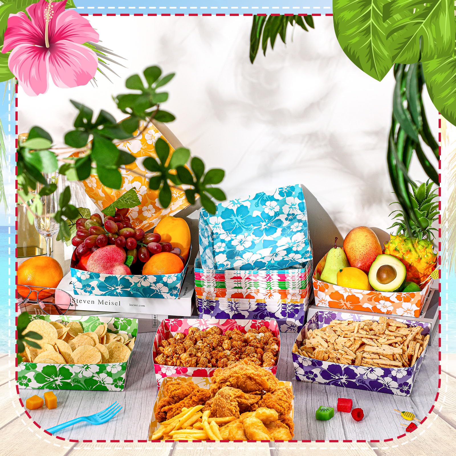 Nitial 48 Pcs Hibiscus Party Paper Food Trays Disposable Luau Party Food Boats Hawaiian Themed Party Decorations 5 Lb Hawaiian F