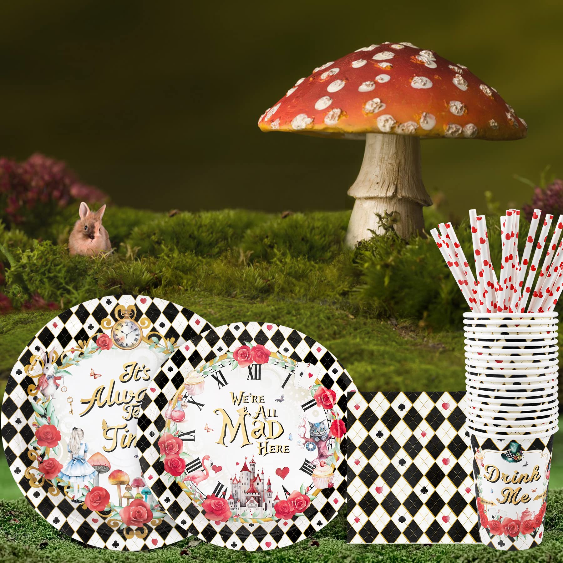 Alice Party Supplies Decorations, Tea Party Theme Birthday Baby Shower Paper Plates And Napkins Set With Cups And Straws For 24