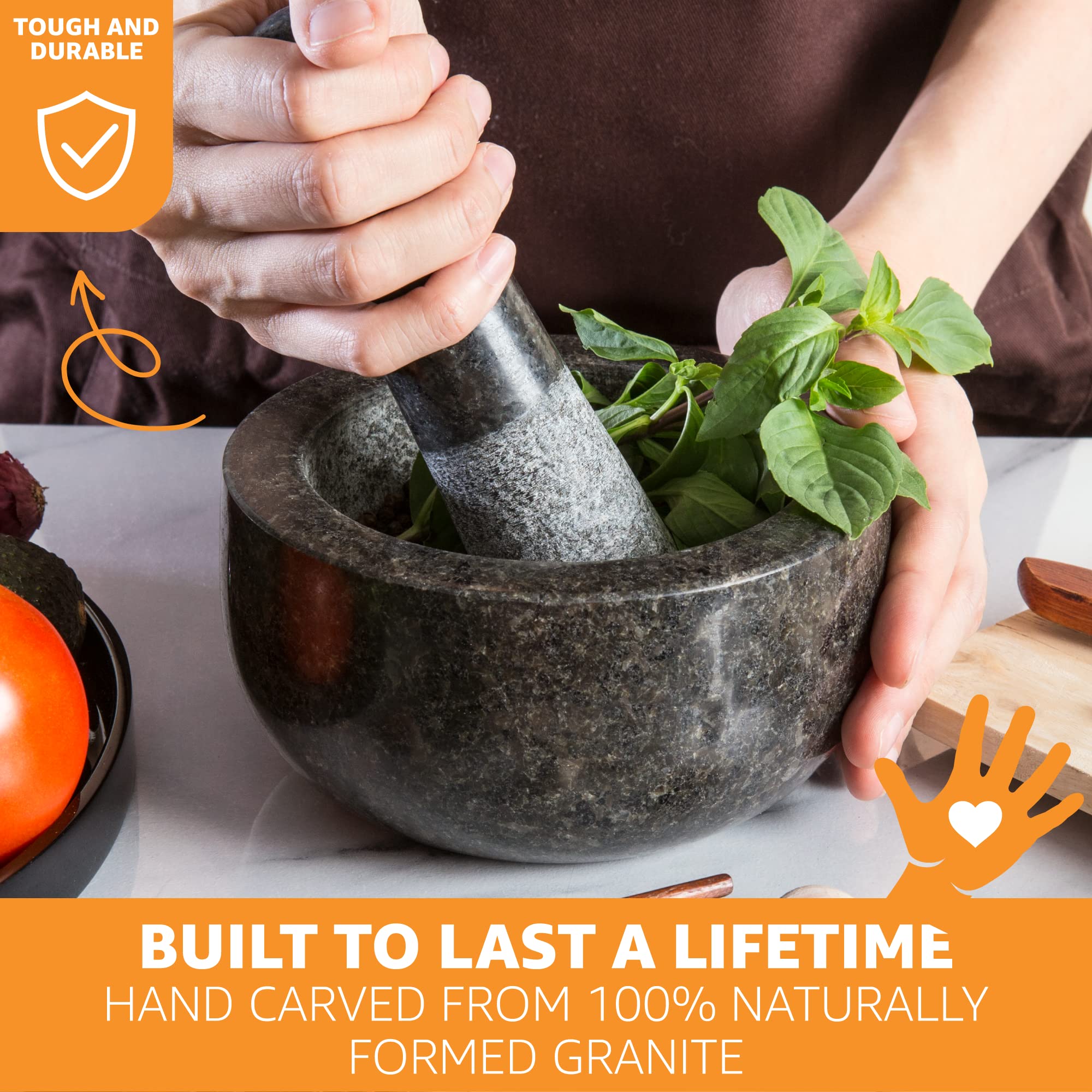 Heavy Duty Large Mortar And Pestle Set,100% Granite, Non Slip Base, Make Fresh Guacamole, Salsa, Pesto, Stone Grinder Bowl, Herb