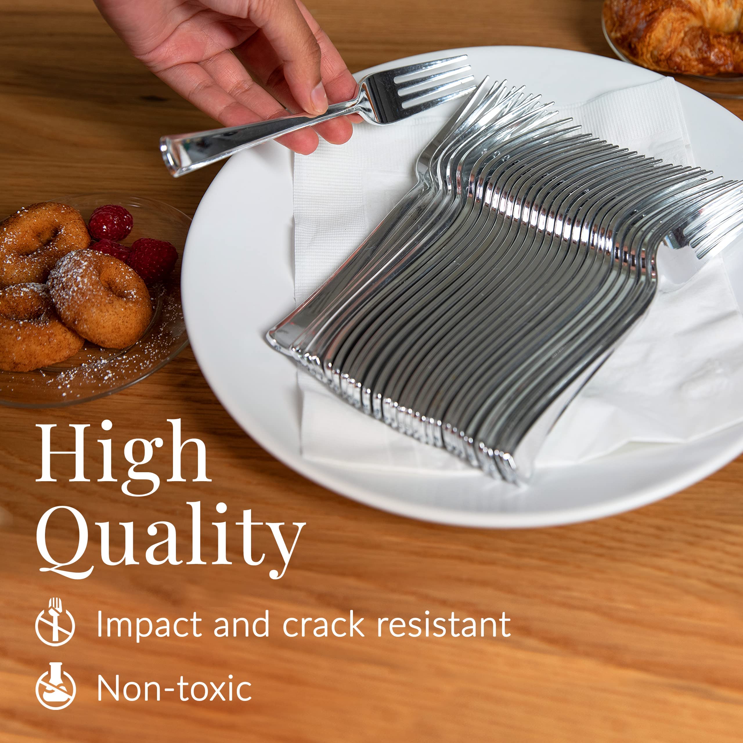 Prestee 100 Silver Plastic Forks Heavy-Duty, Heavyweight Plastic Silverware Forks, Fancy Plastic Cutlery, Elegant Disposable For