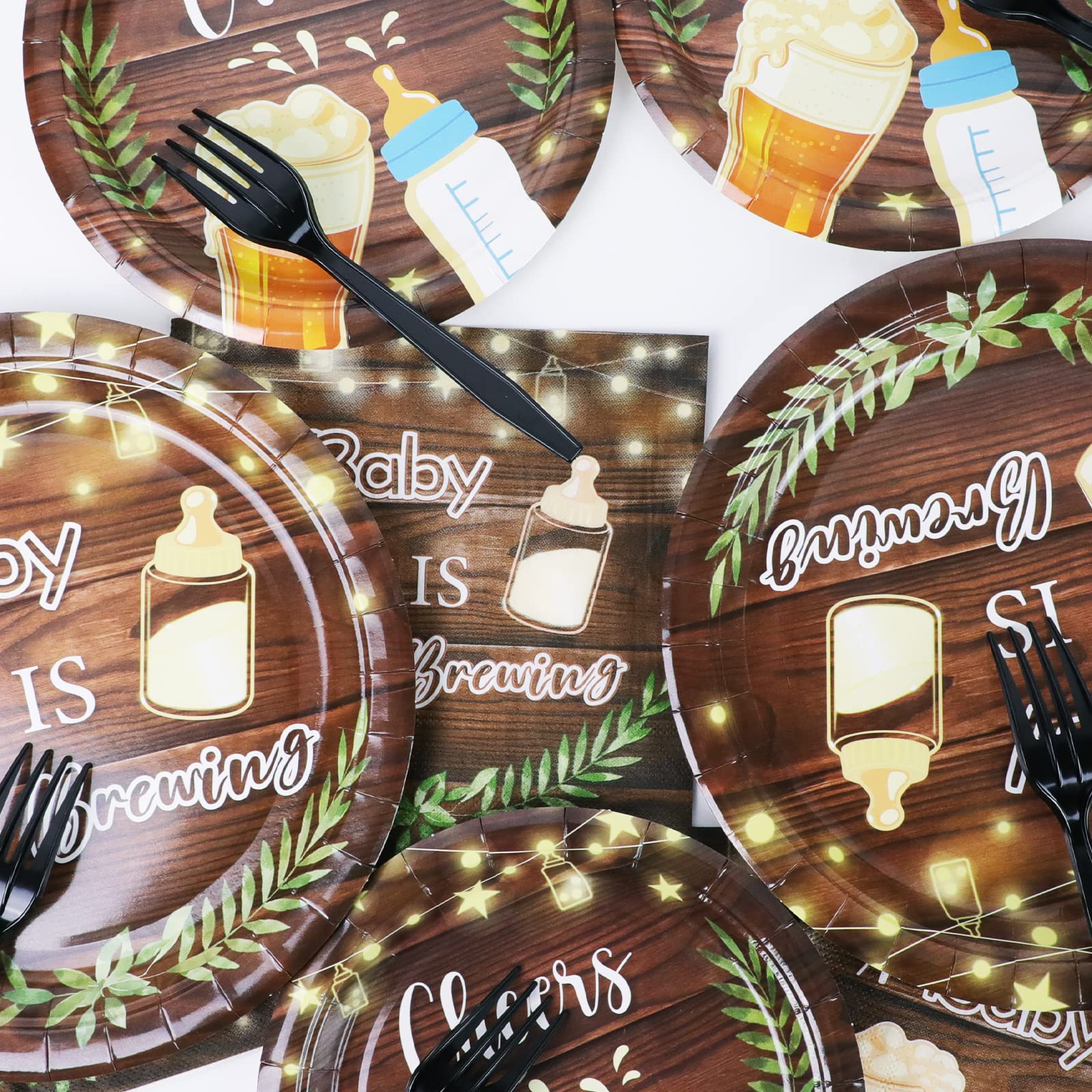 96Pcs A Baby Is Brewing Baby Shower Party Supplies Set Plates Napkins Tableware Kit For Birthday Party Paper Tableware Set Table