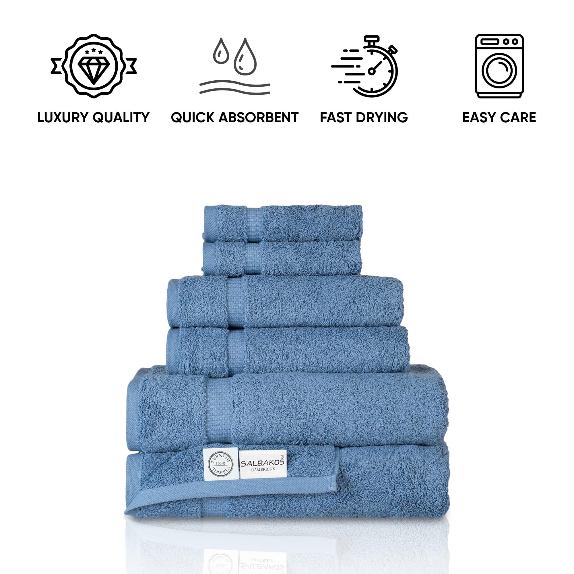 Salbakos - Luxury 6 Piece Towel Set, 100% Turkish Cotton, Quick Drying, Highly Absorbent & Comfy, Includes 2 Bath Towels, 2 Hand