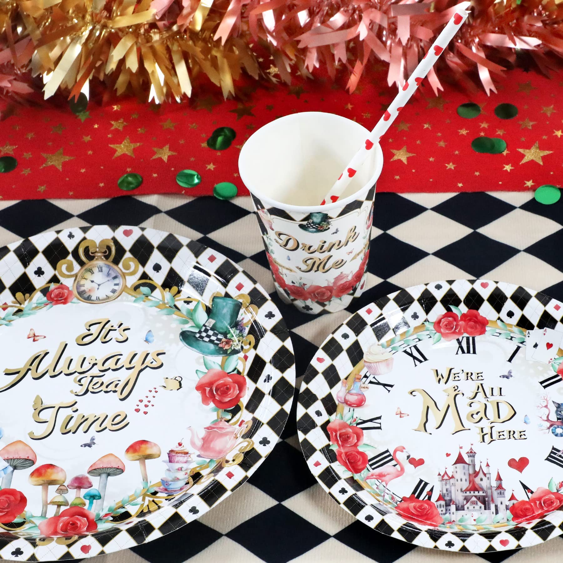 Alice Party Supplies Decorations, Tea Party Theme Birthday Baby Shower Paper Plates And Napkins Set With Cups And Straws For 24