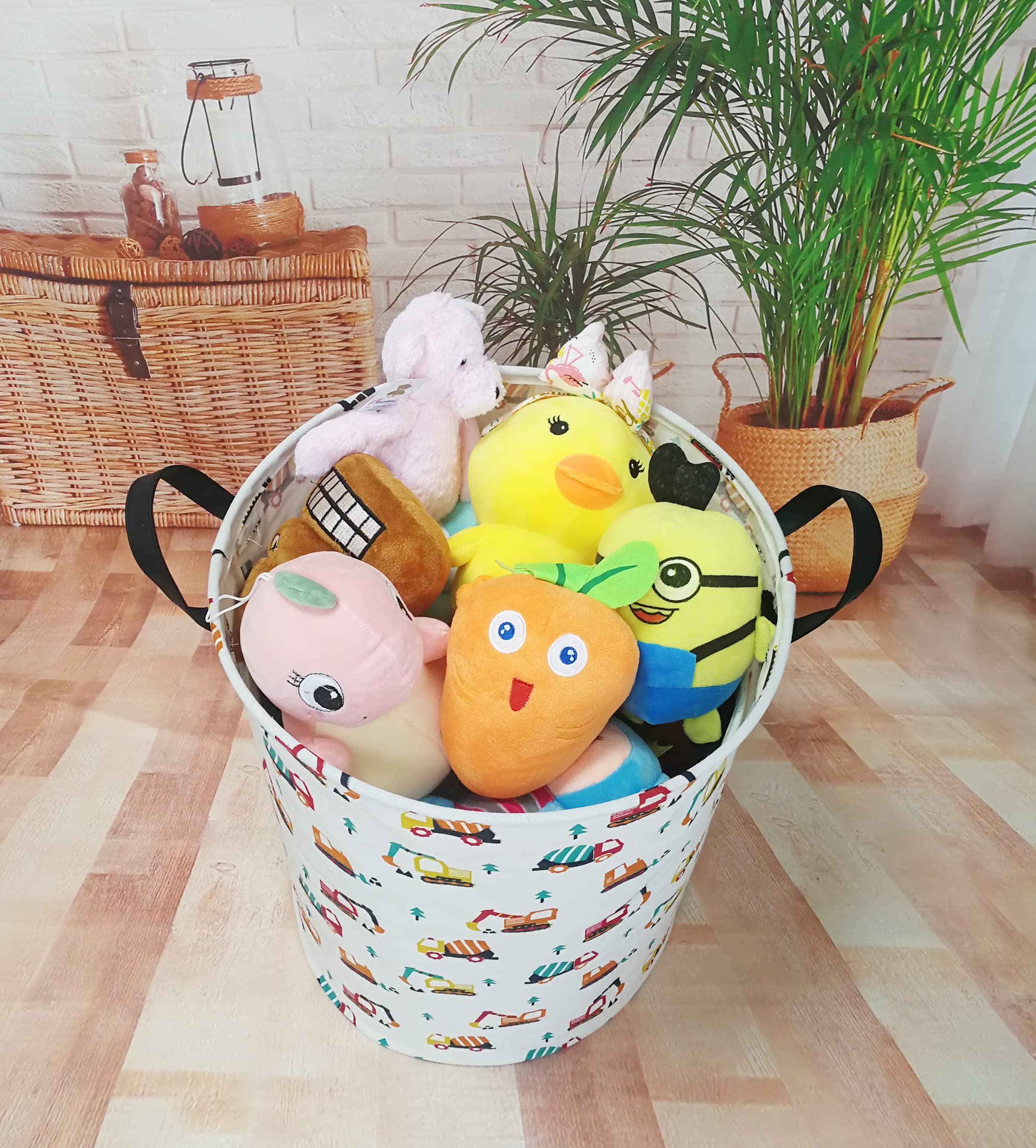 VAIVUSTO Round Laundry Basket  Waterproof Canvas Large Clothes Basket Laundry Hamper with Handles Cute Cartoon Kids Nursery Hamper for Kids Room Toy Storage(Engineering vehicle)