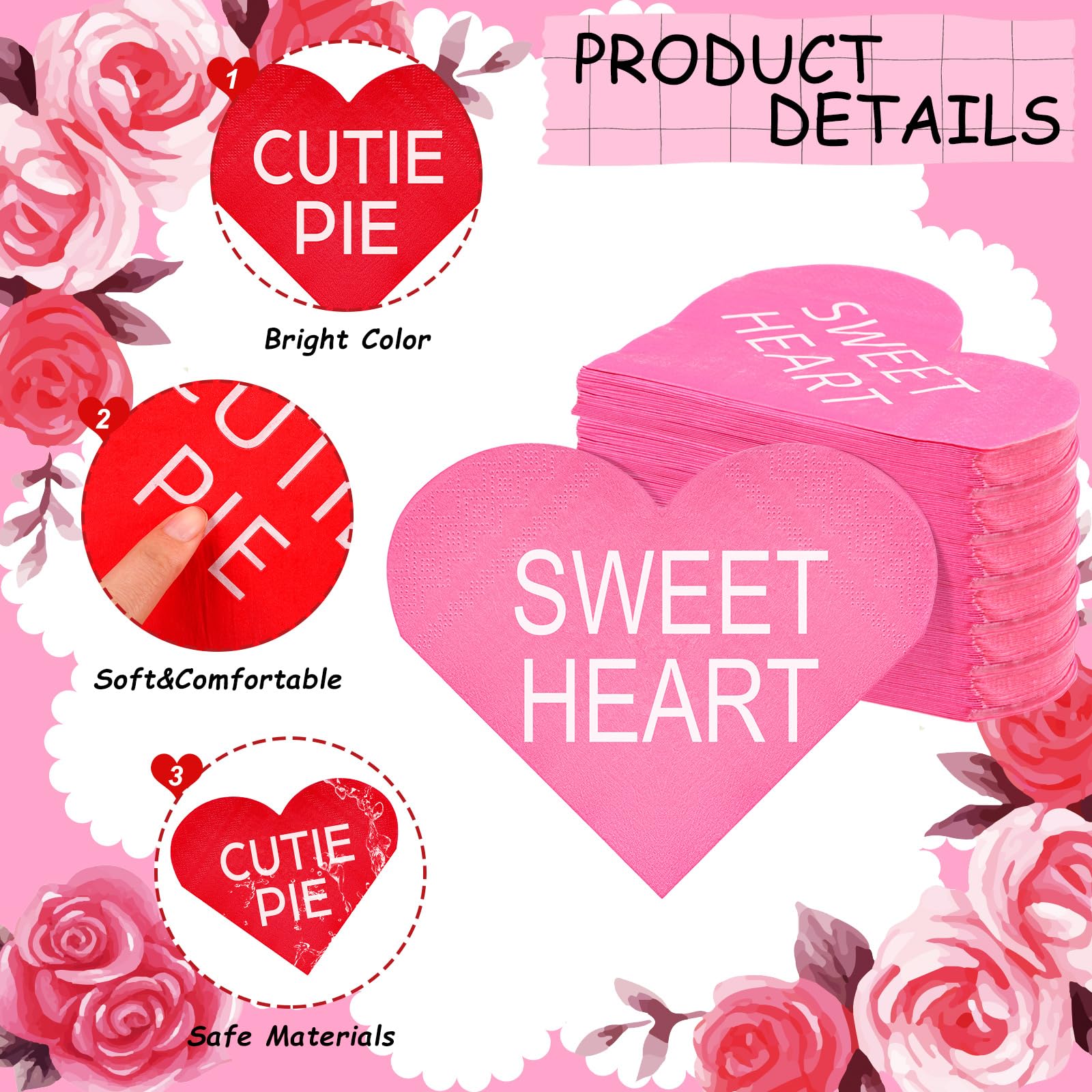 Crtiin 180 Pcs Valentine'S Day Heart Shaped Paper Napkins Valentine'S Day Heart Napkins Disposable Red White Pink Guest Hand Tow