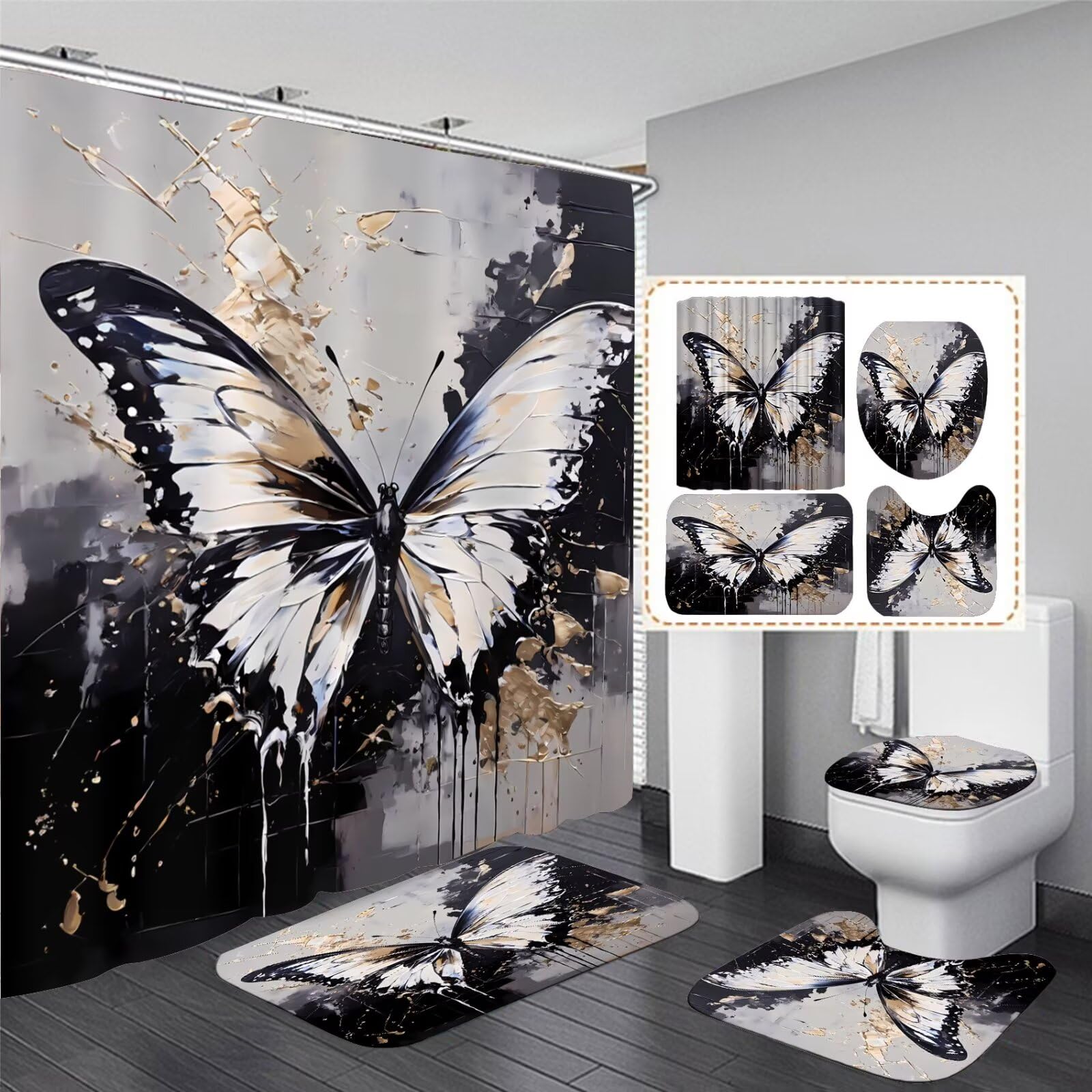 Pretyw 4 Pcs Black Butterfly Shower Curtain Set With Rugs Grey And Gold Bathroom Set Modern Bathroom Accessories Decor With Bath