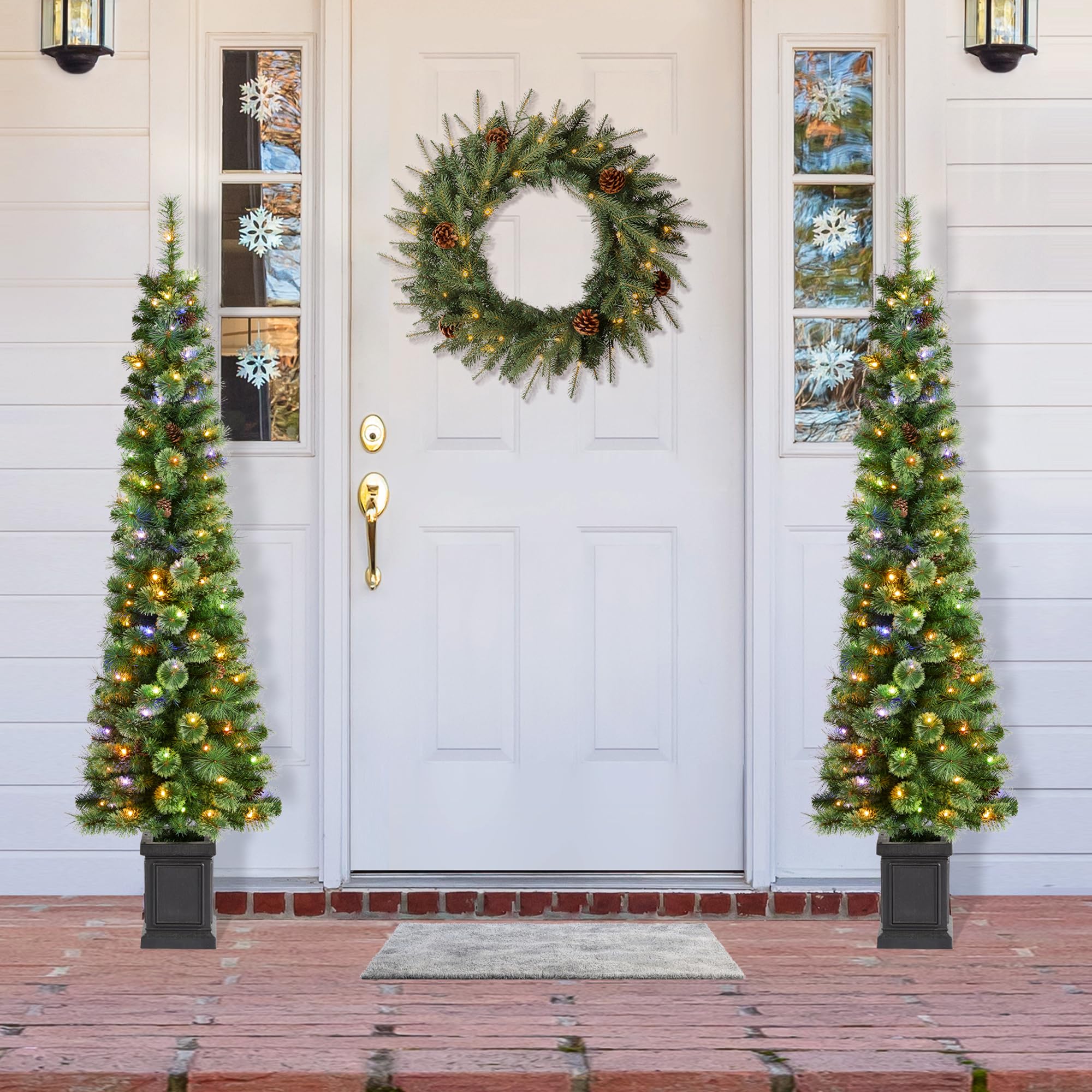 Glitzhome 6ft Prelit Artificial Christmas Tree, Green Cashmere Pine Christmas Porch Tree with pinecones,272 Pine&PVC Branch Tips