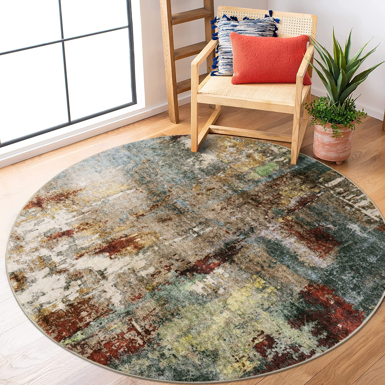 Lahome Modern Abstract Round Rug 5ft - Red Soft Bedroom Round Area Rug Kitchen Mat, Machine Washable Non Slip Non-Shedding Entry