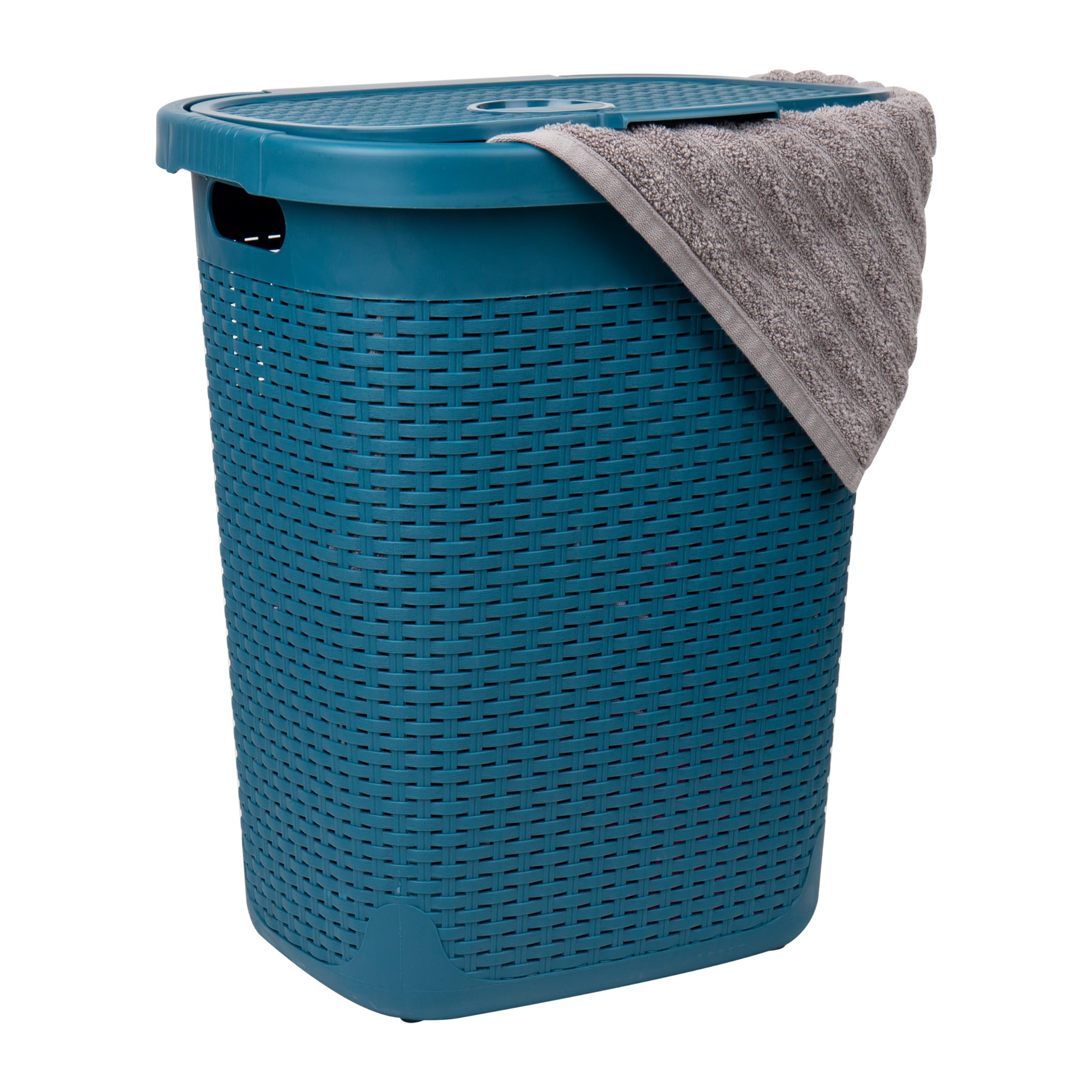 Mind Reader 50L Slim Laundry Hamper, Clothes Basket, Lid, Wicker Design, Plastic, 17.65''L X 13.75''W X 21''H, Blue
