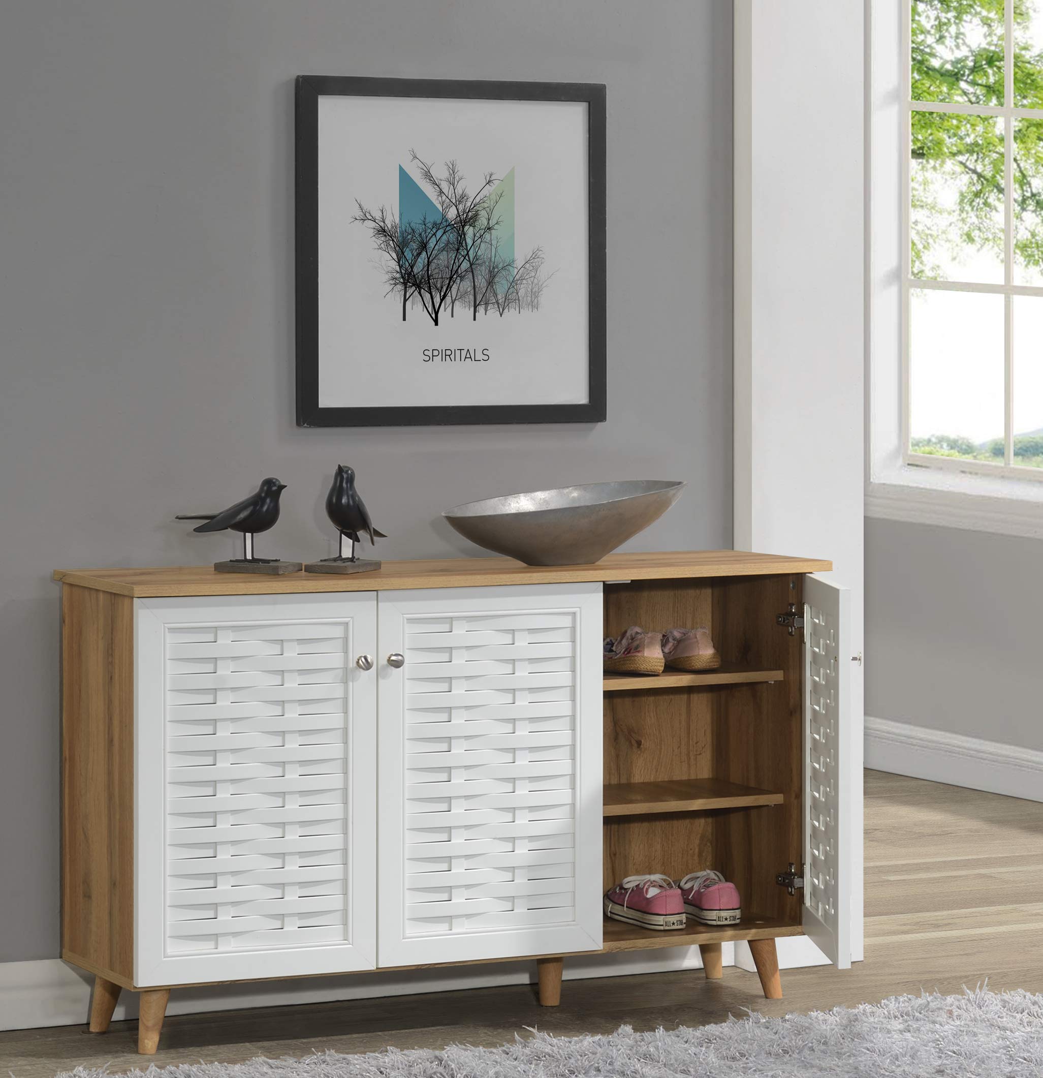 Deckup Plank Bei 3 Door Engineered Wood Shoe Rack With Wooden Legs (Wotan Oak And White, Matte Finish)