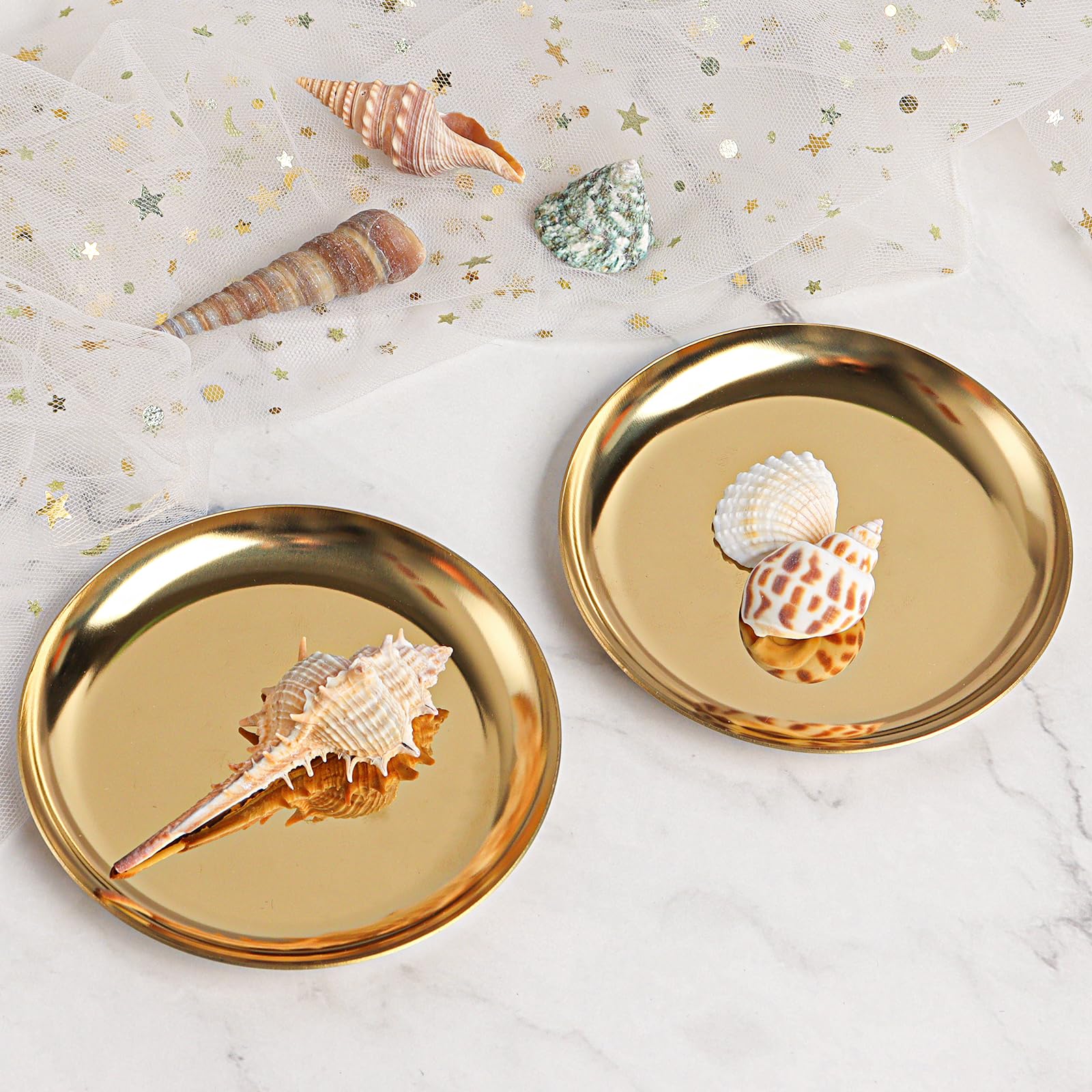 Wexpw 2 Pack Gold Jewelry Dish Plate 4Inch Stainless Steel Small Gold Decorative Jewelry Tray Golden Tray Round Metal Tray Gold
