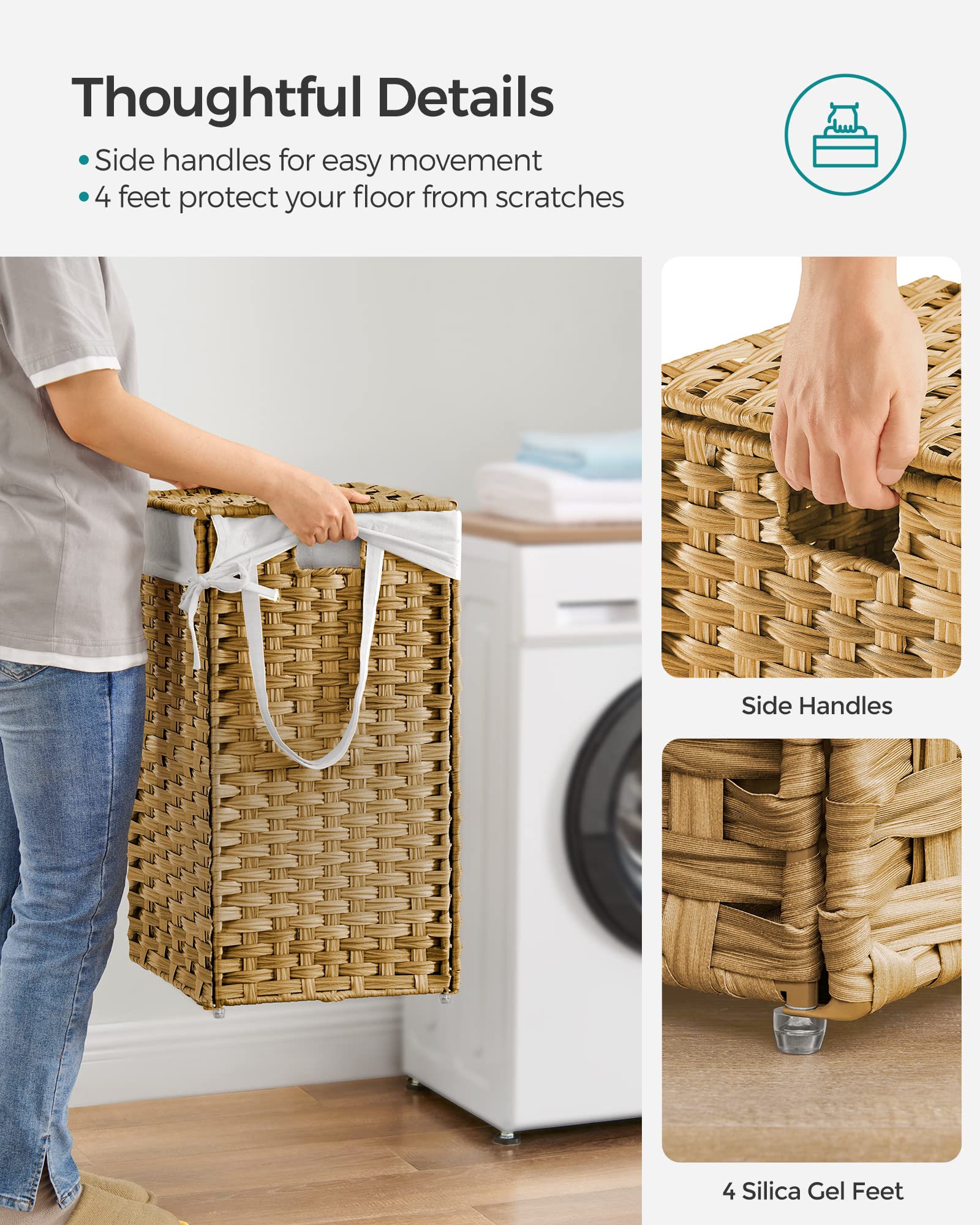 Songmics Laundry Hamper With Lid, 17.2 Gallon (65 L) Synthetic Rattan Clothes Laundry Basket With Lid And Handles, Foldable, Rem