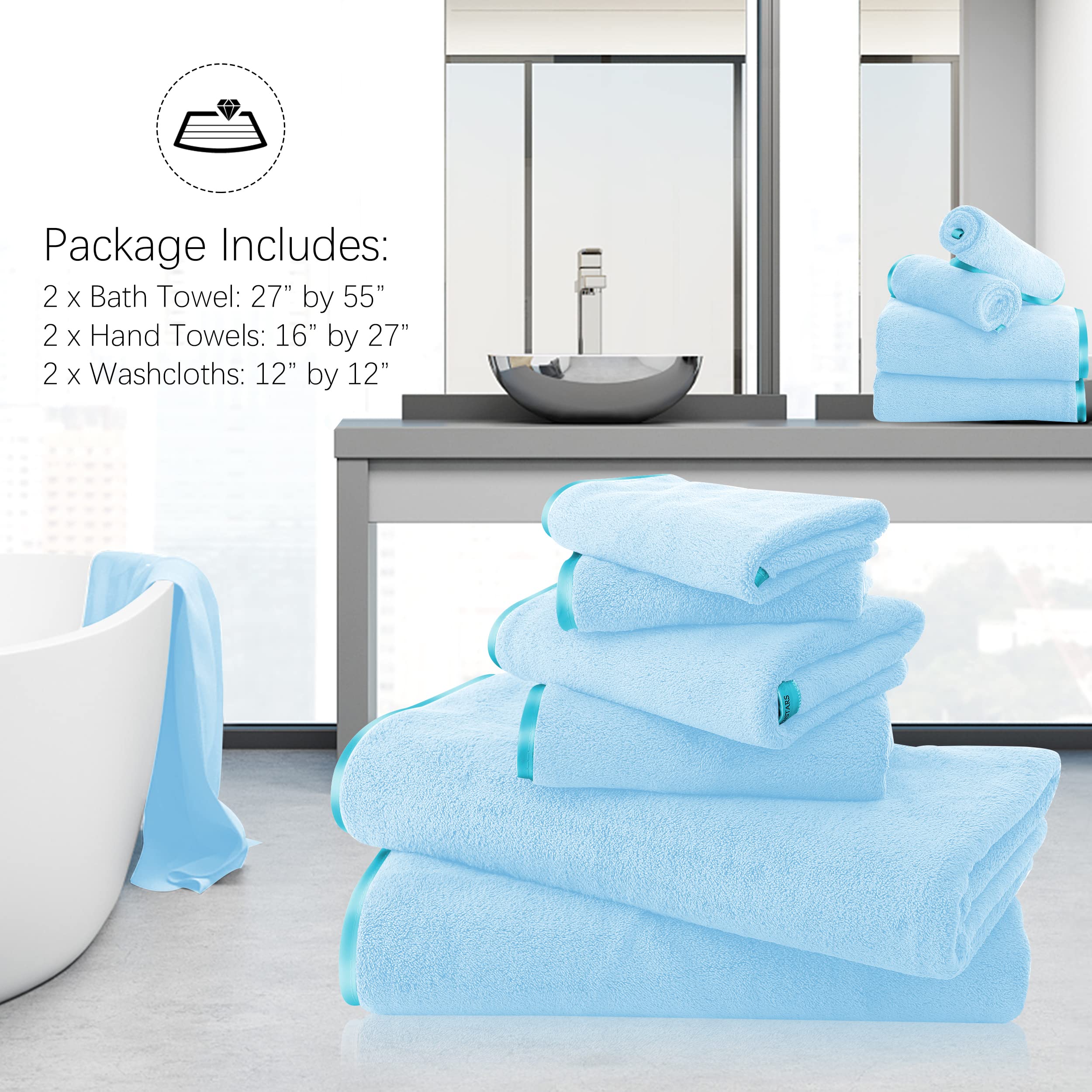TENSTARS Luxury Silk Hemming Towel Set - Light Thin Quick Drying - 2 Bath Towels 2 Hand Towels 2 Washcloths - Ultra Soft Microfiber Towel for Bath Fitness  Sports  Yoga  Travel (Aquamarine 6 Pieces)