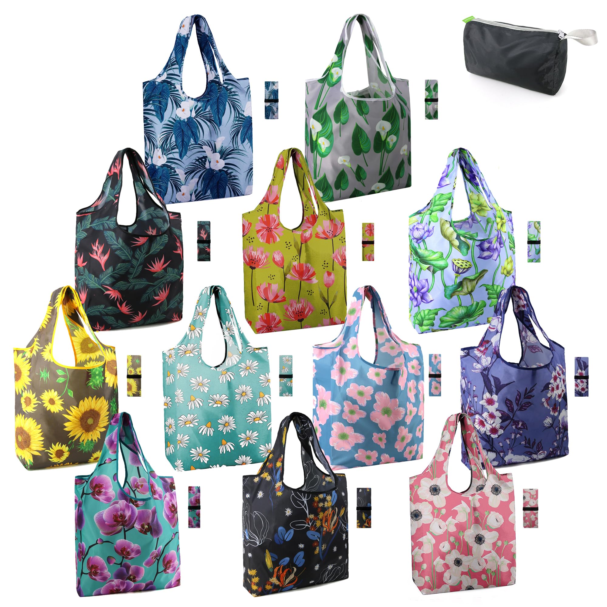 Beegreen 12 Packs Flower Reusable Grocery Bags Reusable Tote Bags Extra Large 50Lbs Cute Floral Design Foldable Reusable Bags Fo