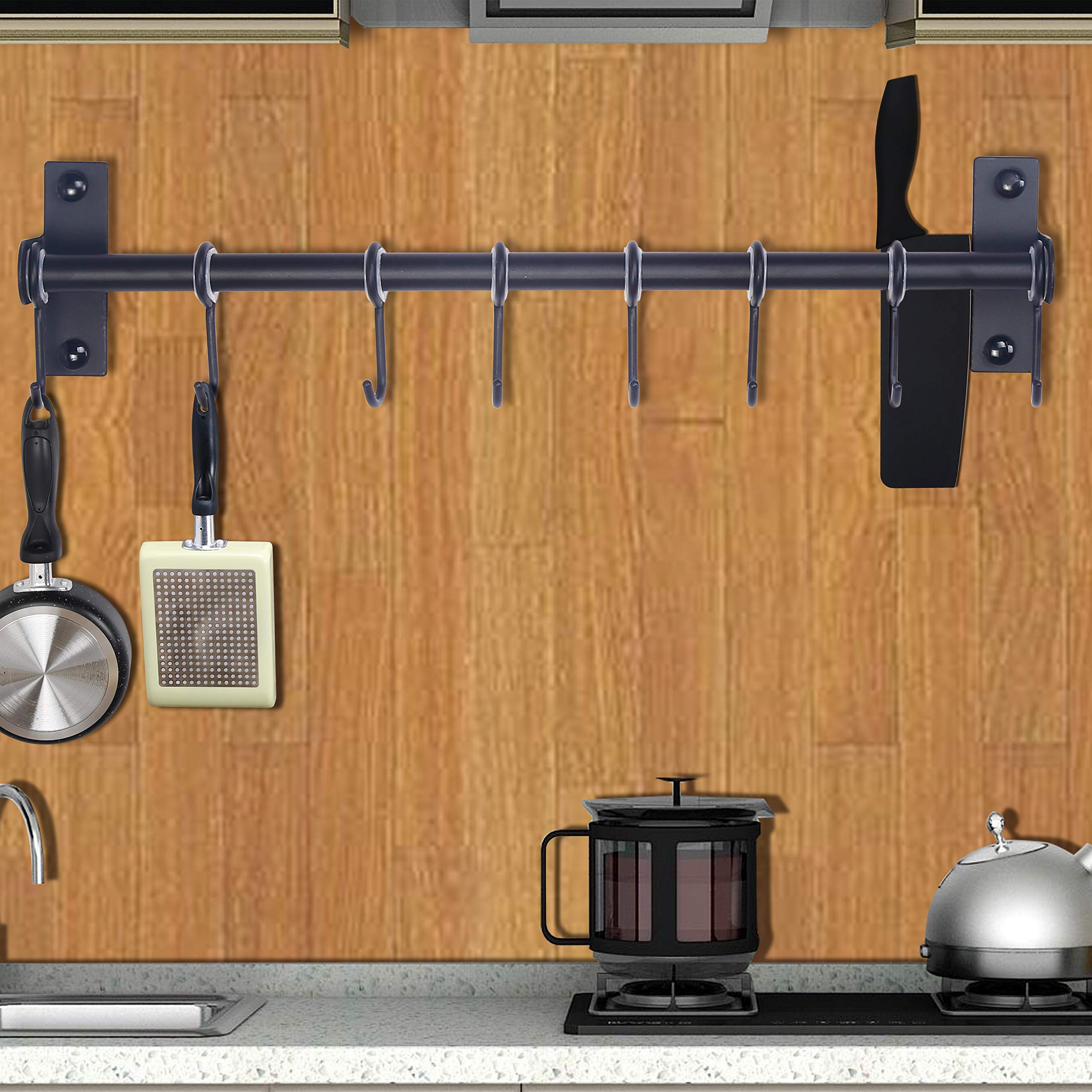 Dseap Pot Rack - Wall Mounted Stainless Steel Hanging Rack with 8 Hooks, Black, Pack of 2, Model GJ-SGAN-BLK-8G2P