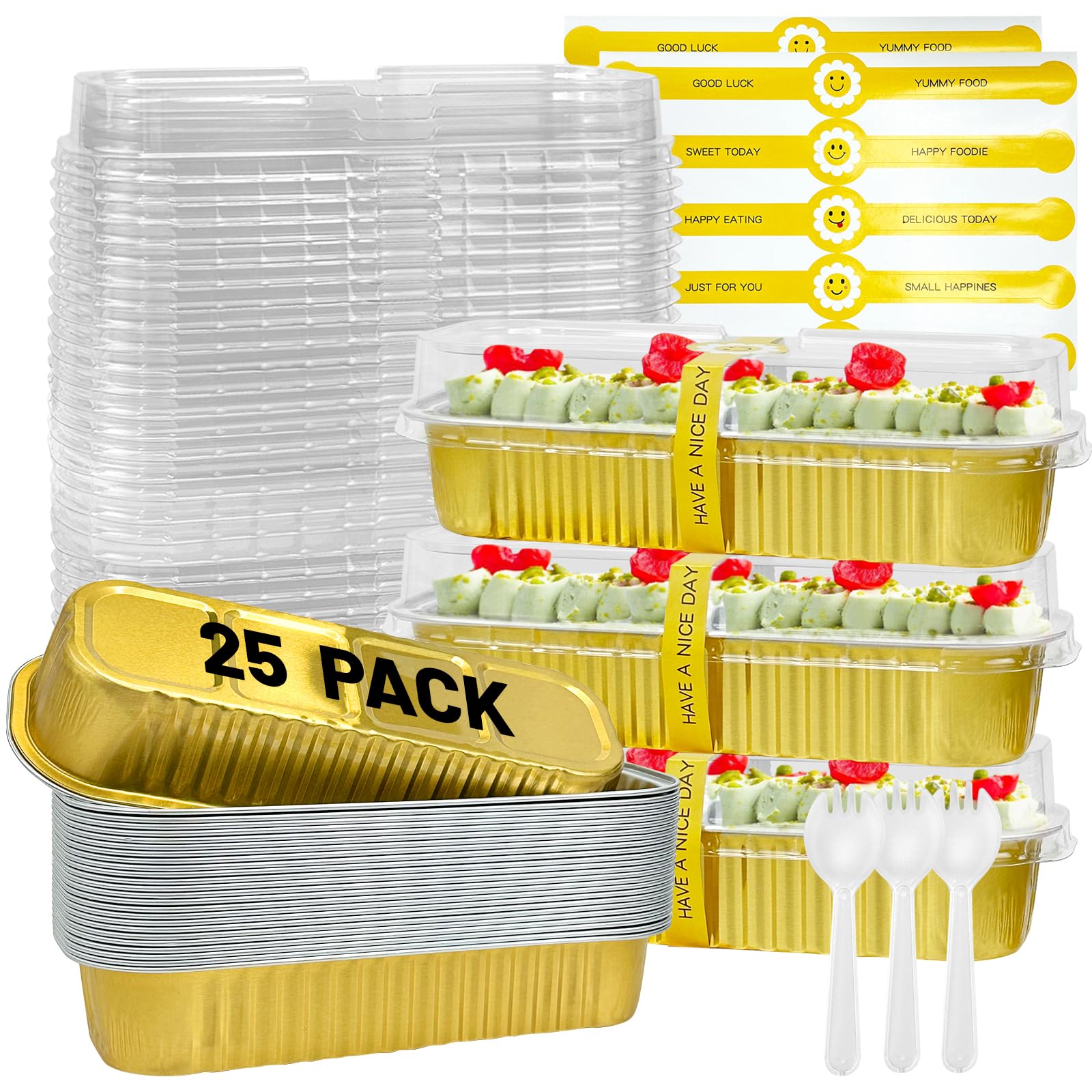 ylnurac 25Pack Gold Mini Cake Pans With Lids, 6.8 Oz Loaf Pans With Lids, Baking Cups Muffin Tins,Disposable Baking Pans Holders