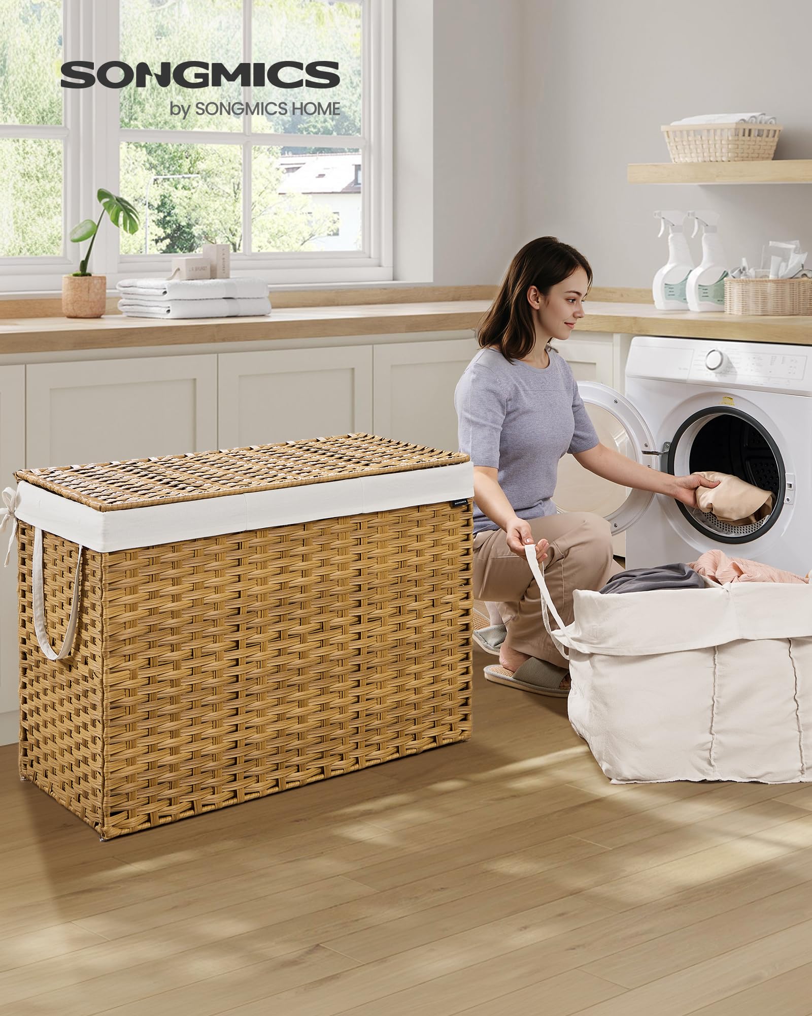 Songmics Laundry Hamper With Lid, 200 L Clothes Hamper With 2 Removable Liner Bags, 6 Mesh Bags, Wicker Laundry Basket, Double L