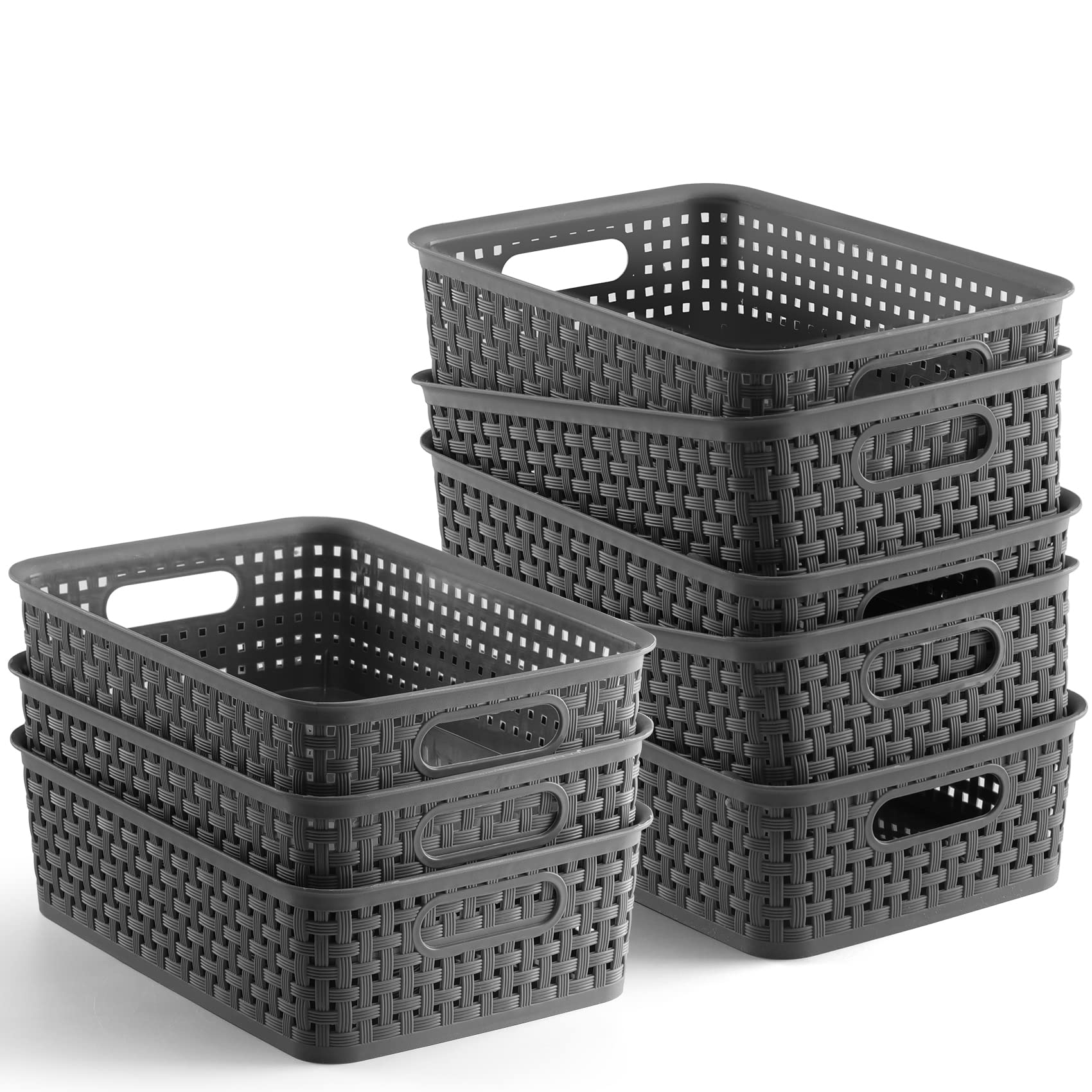 NETANY [ 8 Pack ] Plastic Storage Baskets - Small Pantry Organization and Storage Bins - Household Organizers for Laundry Room  Bathrooms  Bedrooms  Kitchens  Cabinets  Countertop  Under Sink or On Shelves Gray