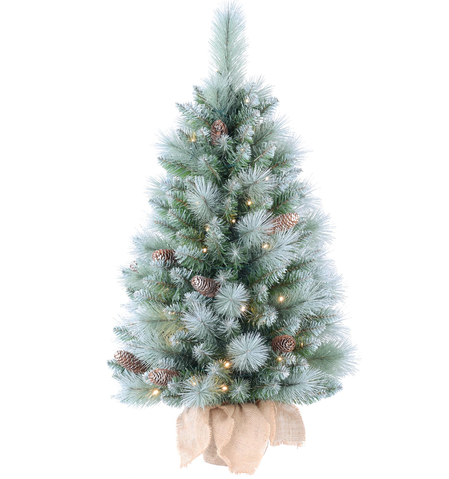 3ft Pre-Lit Mini Snow Christmas Trees with 80 LED Lights, 36 Decorated Burlap Artificial Tabletop Christmas Trees Home Party for