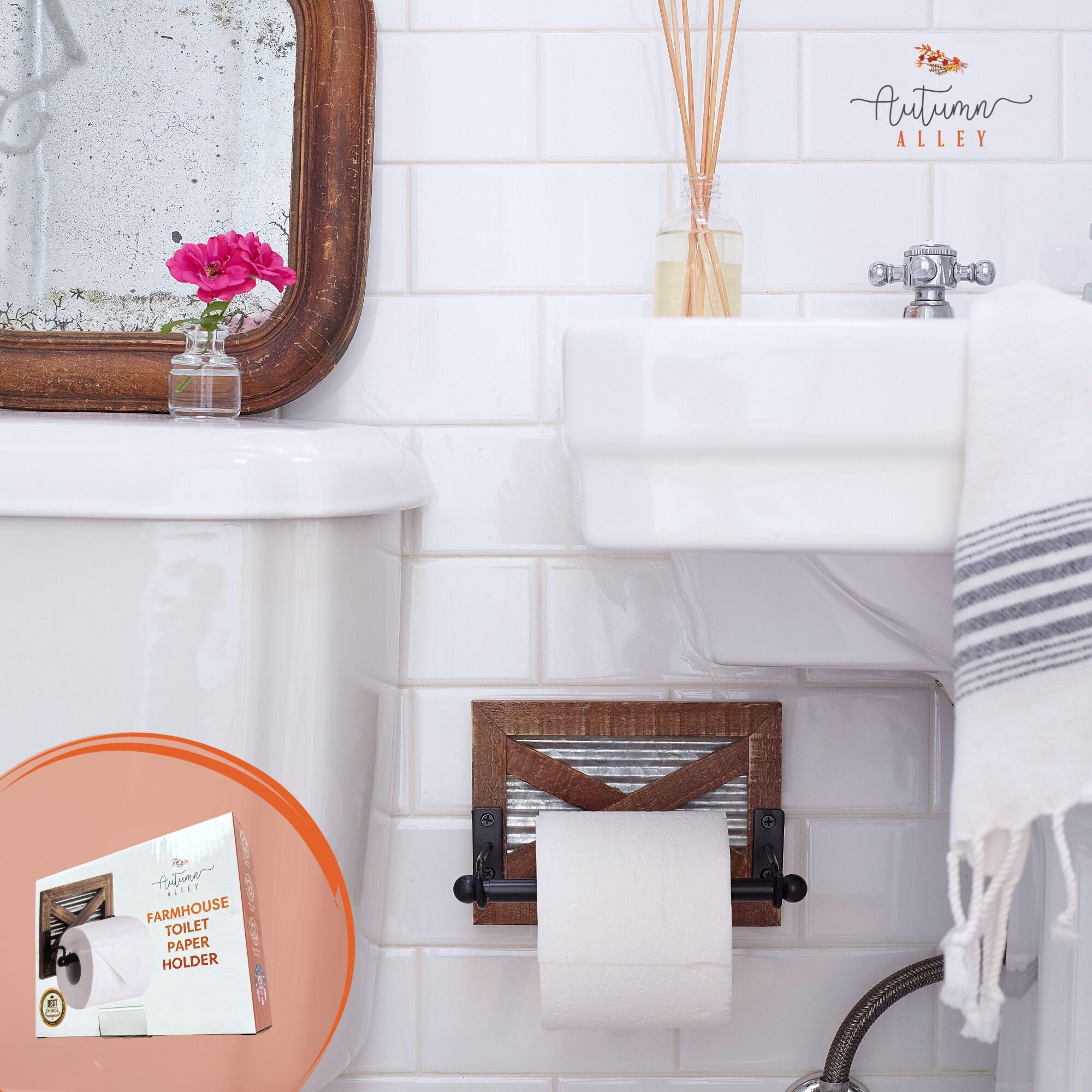 Autumn Alley Rustic Farmhouse Toilet Paper Holder Wall - Farmhouse Bathroom Country Decor Accessories With Warm Brown Wood, Galv