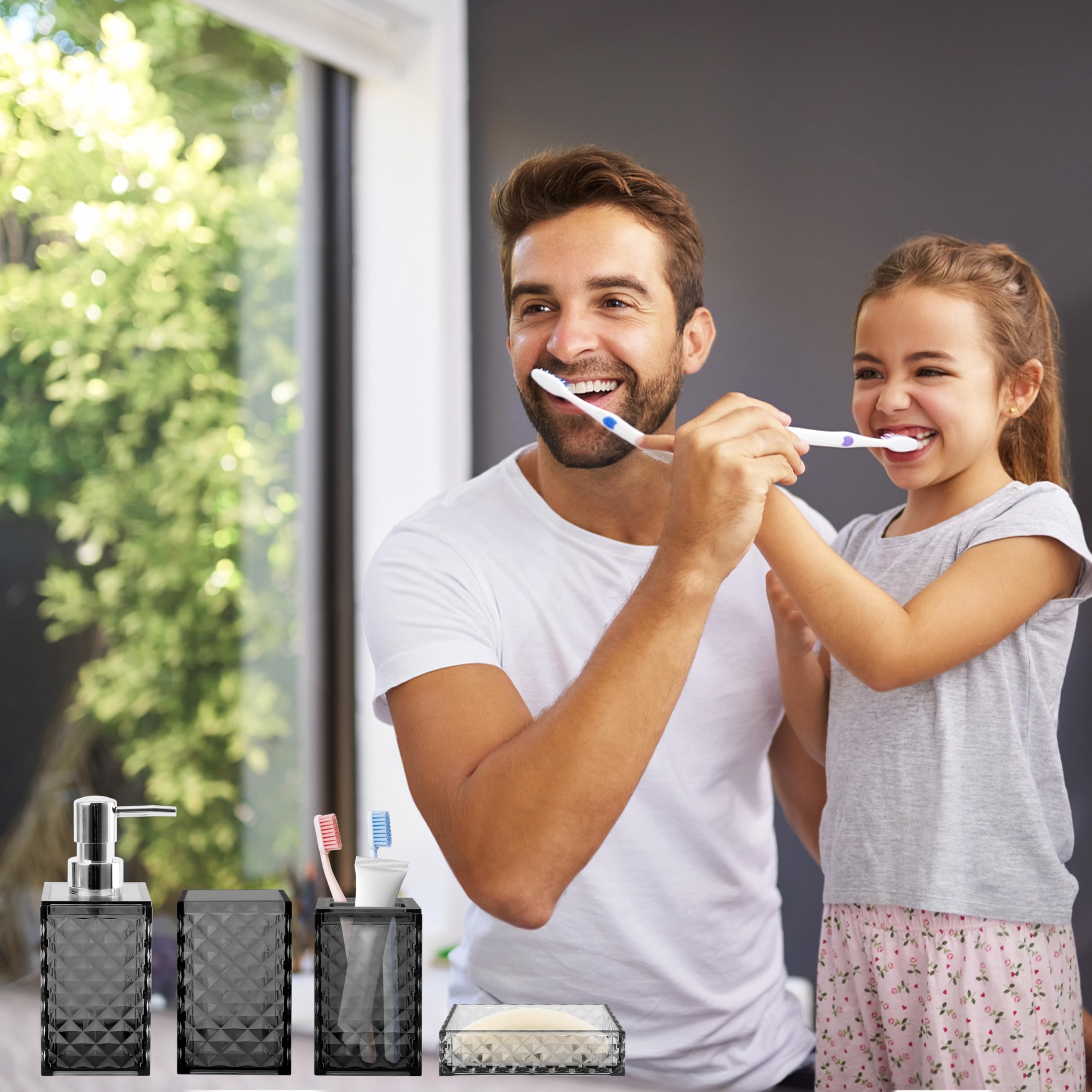 Seeatoo Bathroom Accessory Set, 4 Pcs Grey Bathroom Accessories Set, Soap Dispenser And Toothbrush Holder Set, Soap Dish And Mou