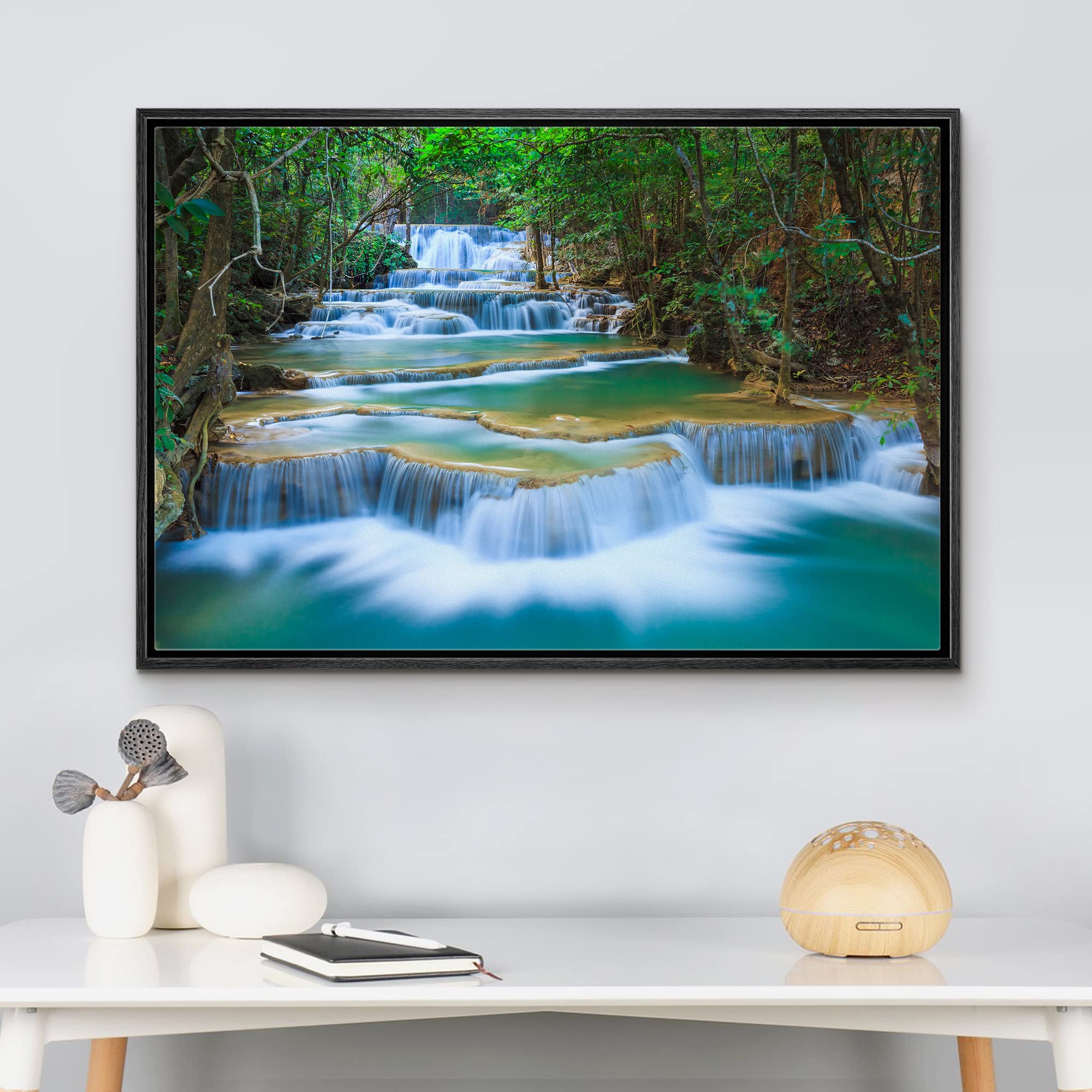 wall26 Framed Canvas Print Wall Art Cascading Forest Waterfall Landscape Nature Wilderness Photography Modern Art Rustic Scenic Colorful Multicolor for Living Room  Bedroom  Office - 24''x36'' Black