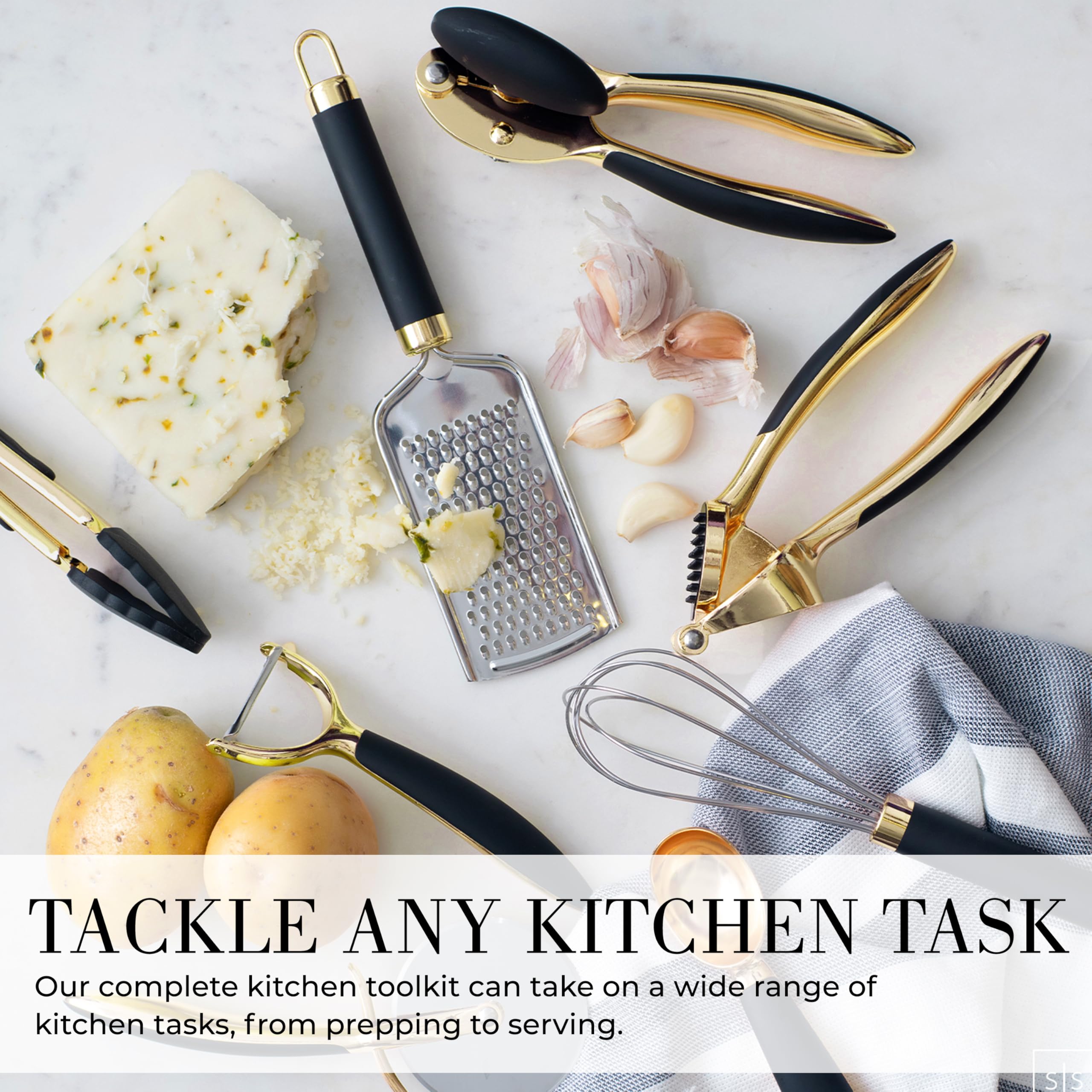 Black And Gold Kitchen Utensils - Luxe 8-Piece Gold Kitchen Tools Set With Can Opener, Pizza Cutter, Peeler, Mini Whisk, And Ton