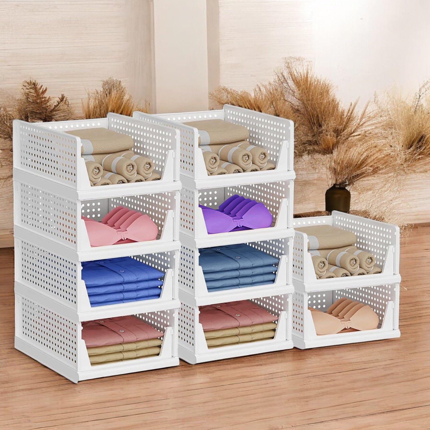 Aliensware 10Pcs Large Size Clothes Storage Rack, Cloth Organizer For Cupboard, Wardrobe, Stackable & Foldable Basket Closet Org