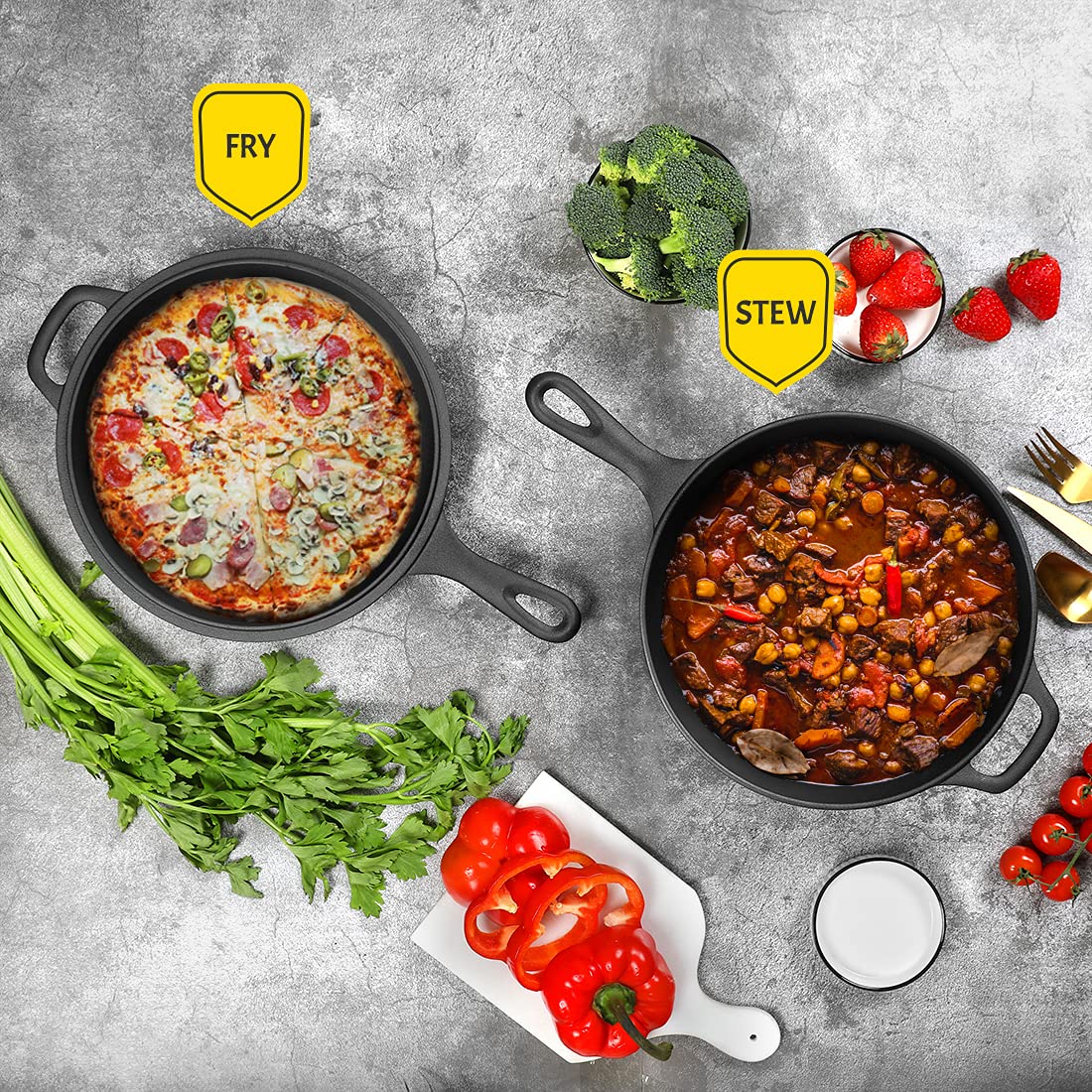 Edging Casting 2-In-1 Pre-Seasoned Cast Iron Dutch Oven Pot With Skillet Lid Set, 10'' Skillet 3Qt Pot For Cooking, Baking, Fryi
