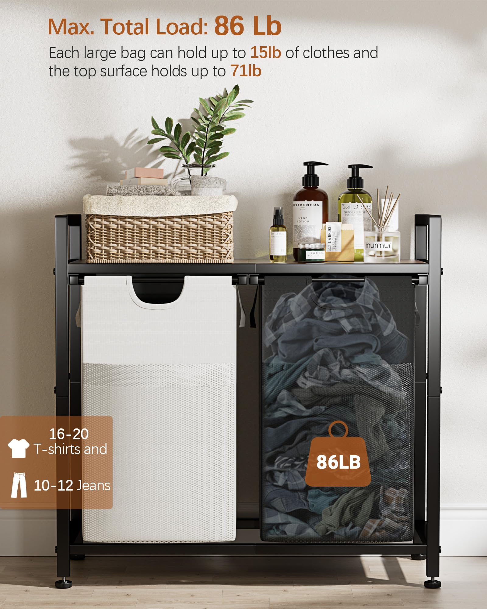 Lulive Double Laundry Hamper, Multifunctional Basket Organizer, 112L Laundry Sorter With Removable Bags And Fabric Handles, Larg