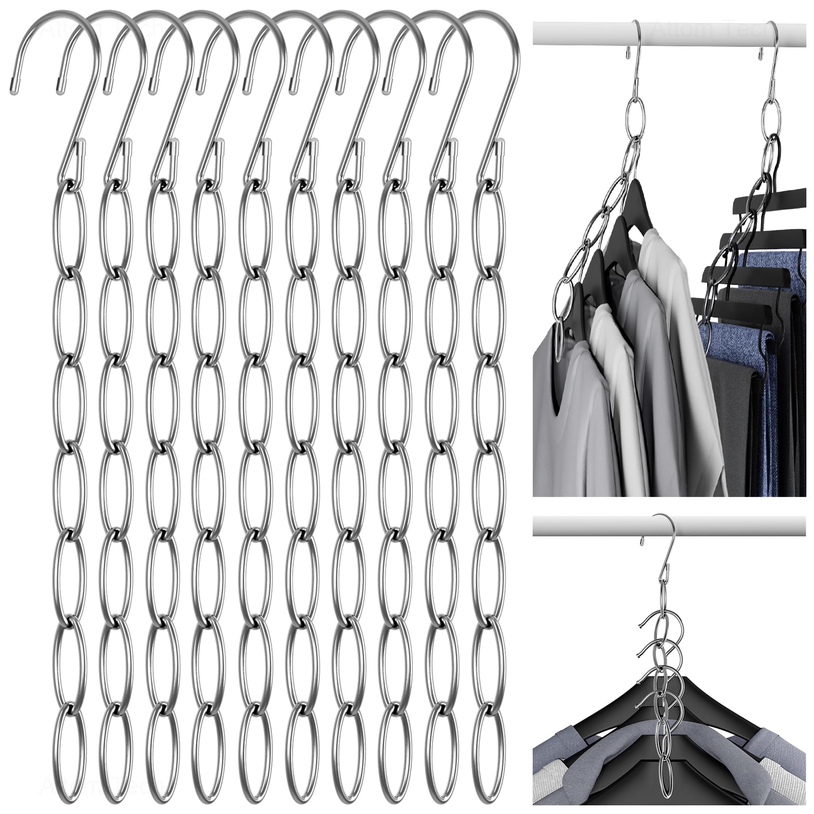 Nihome Clothing Chain Hanger 10-Pack, Metal Closet Organizer Space Saving Hangers With Safety Cap For All Garment Types, Versati