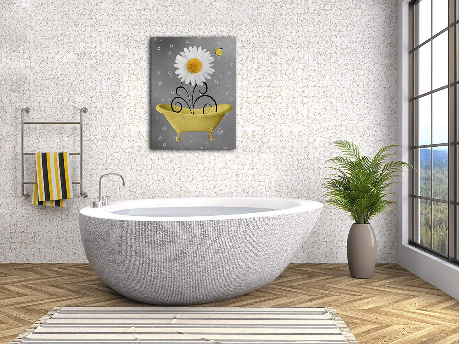 Bathroom Wall Art Daisy Canvas Pictures Modern Flower Bathtub Artwork Rustic Wood Board Background Contemporary Wall Art Decor B