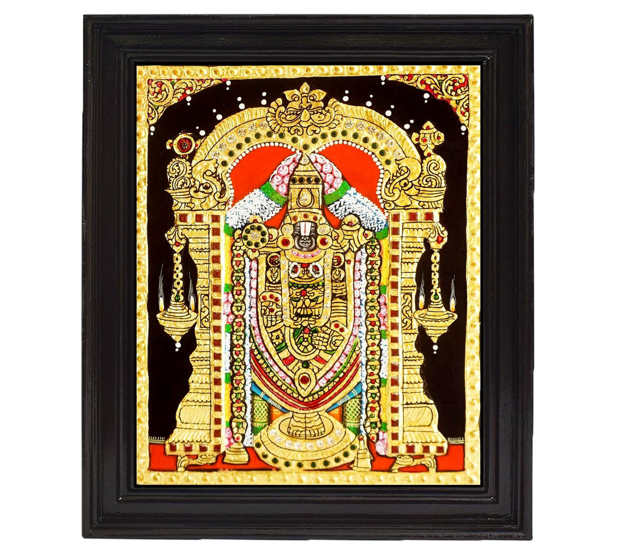 Tarang Arts Lord Balaji Tanjore Paintings With Wooden Frame, Jaipur Stones Hand Painting, 2D Emboss Design & 22-Carat Gold Foil 
