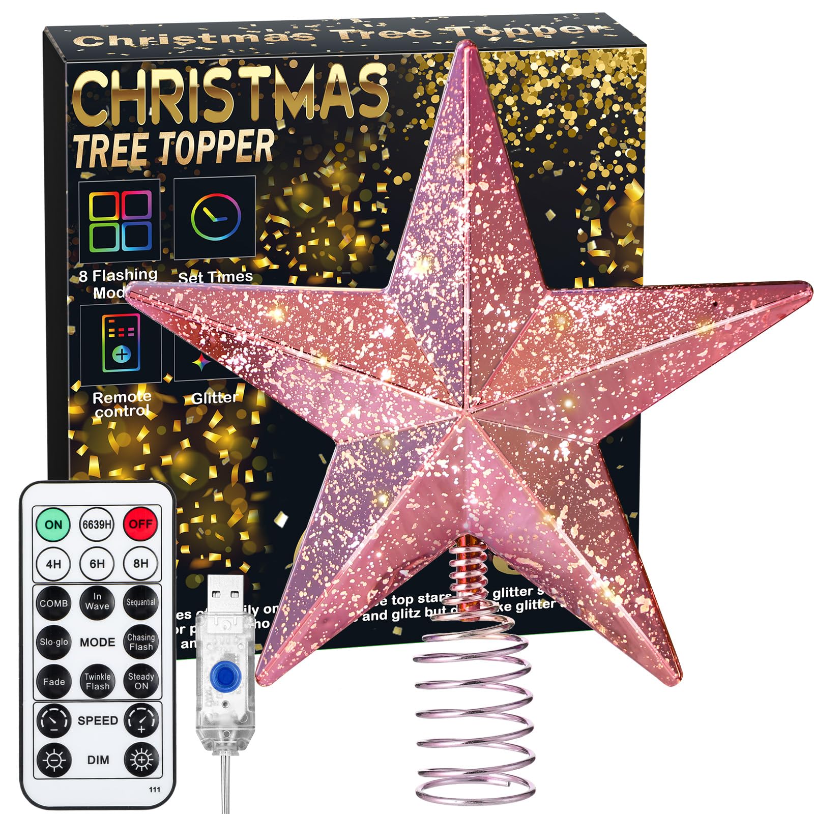 Christmas Tree Star Topper with Lights, 8.5-Inch Light-Up Christmas Tree Topper with Remote Control, 4 Brightness Levels & 8 Lig