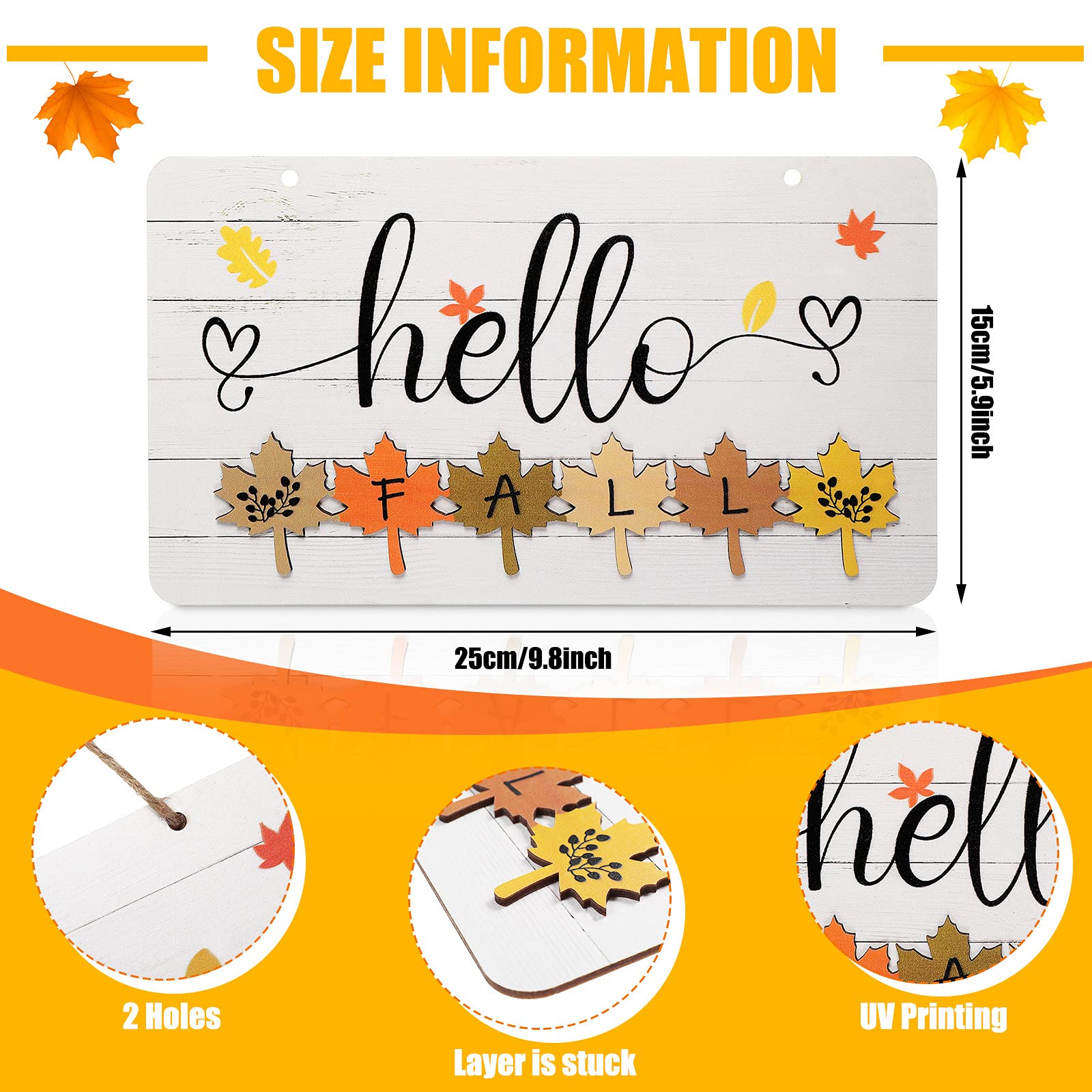 Hello Fall Wooden Sign Thanksgiving Door Wall Decor Maple Leaf Sign Autumn Art Plaque Rustic Hanging Ornament for Fall Home Livi