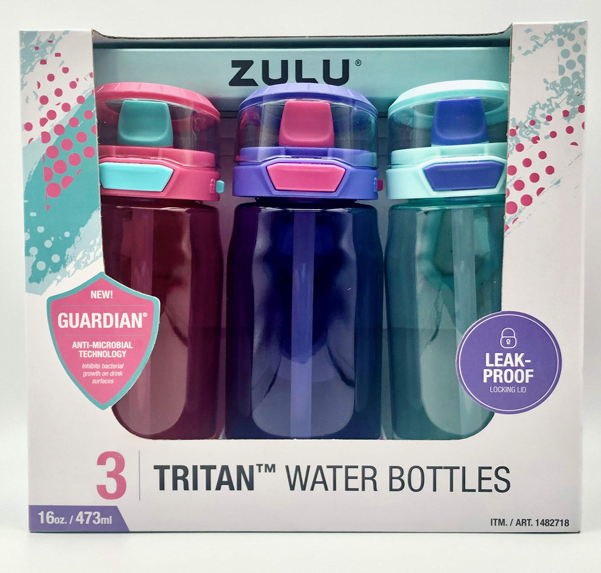 Zulu 3 Tritan Water Bottles Flex 3 Pack Pink,Purple And Mint 16 Oz