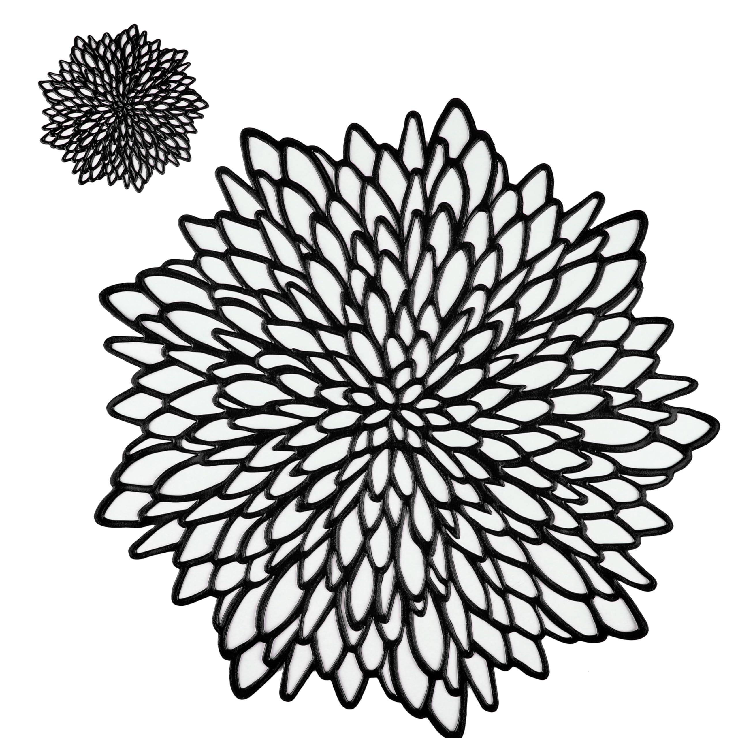 Snowkingdom 6 Pairs Black Placemats & Coasters 12 Pcs Matching Washable Pressed Vinyl Laser Cut Dining Table Mats Round Floral C