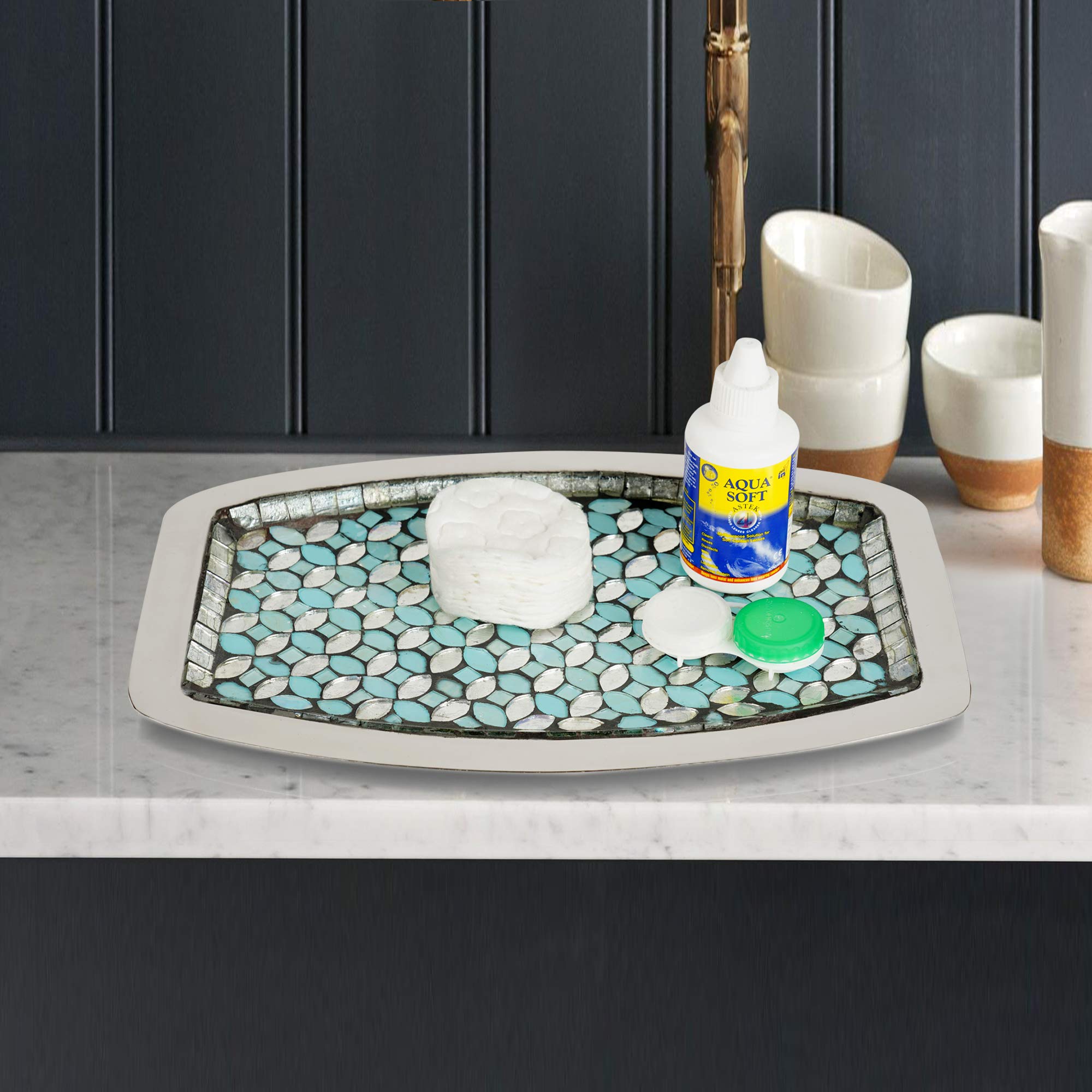 Nu Steel Sea Foam Amenity Tray In Aqua Blue/Silver Glass Mosaic/ Stainless Steel For Bathrooms & Vanity Spaces