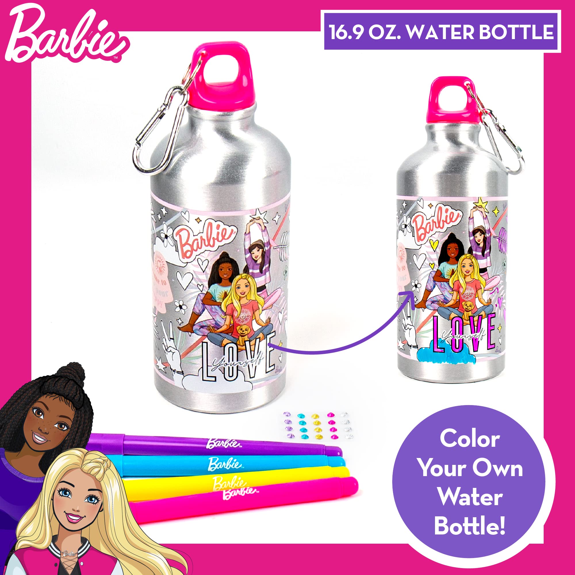 Barbie Color Your Own Water Bottle  Color Your Own Water Bottle  Great For Travel & Road Trips  Sports & School  Creative Gift Idea  Arts & Crafts Activity Kids Ages 6  7  8  9  10 Pink