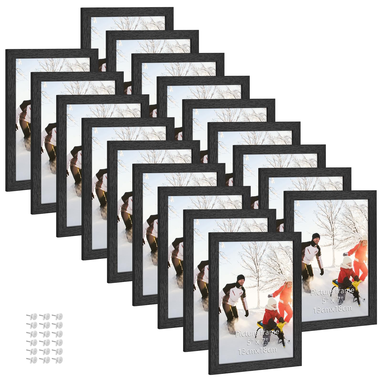 PHAREGE 5x7 Picture Frame Bulk Black, Set of 18 MDF Wood Grain Frame for Display 5 by 7 Family Wedding Photos on Tabletop or Wal