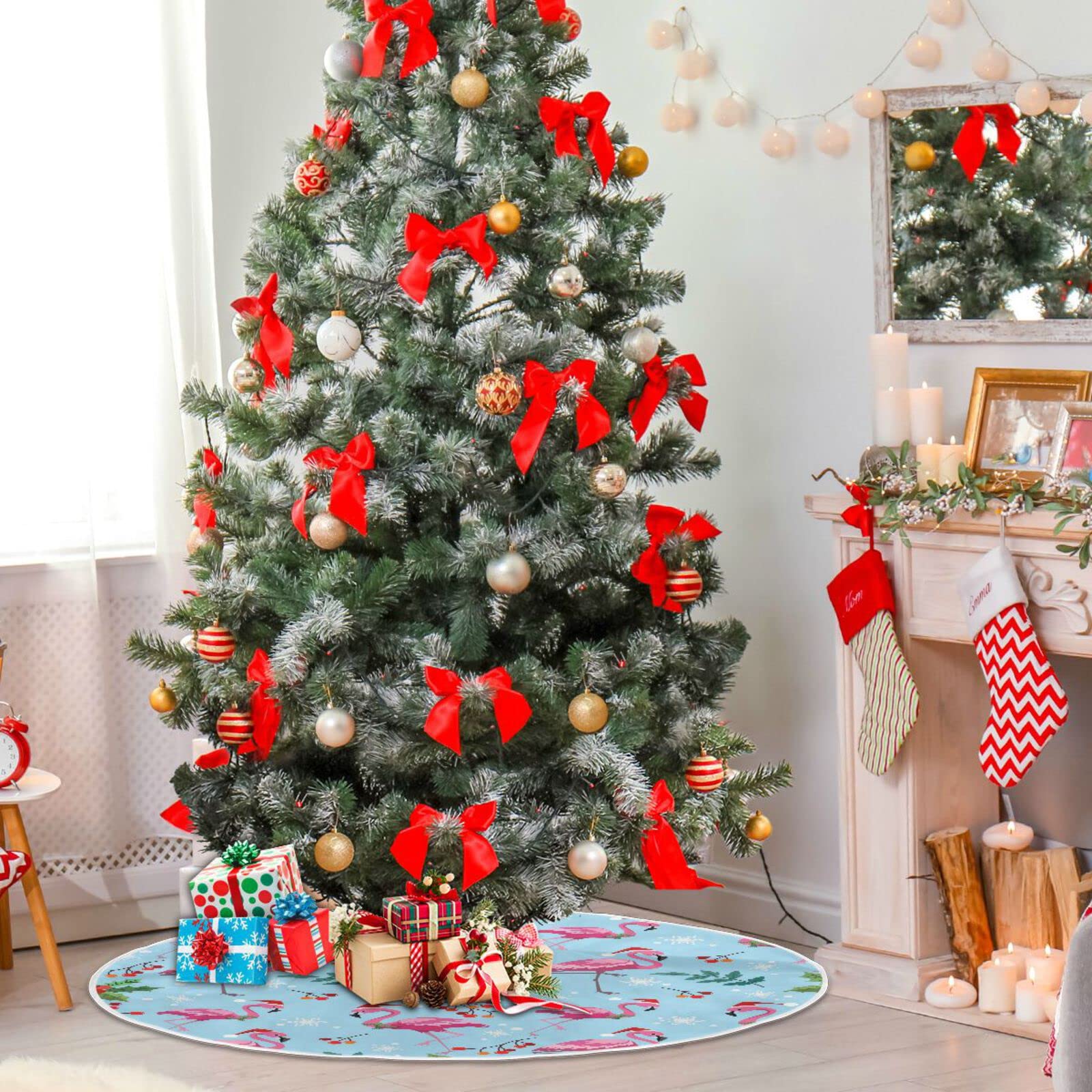 Vozoza Christmas Flamingo Snowflake Tree Skirt, Seasonal Tree Mat Holiday Party Supplies Ornaments Indoor Outdoor Decorations fo