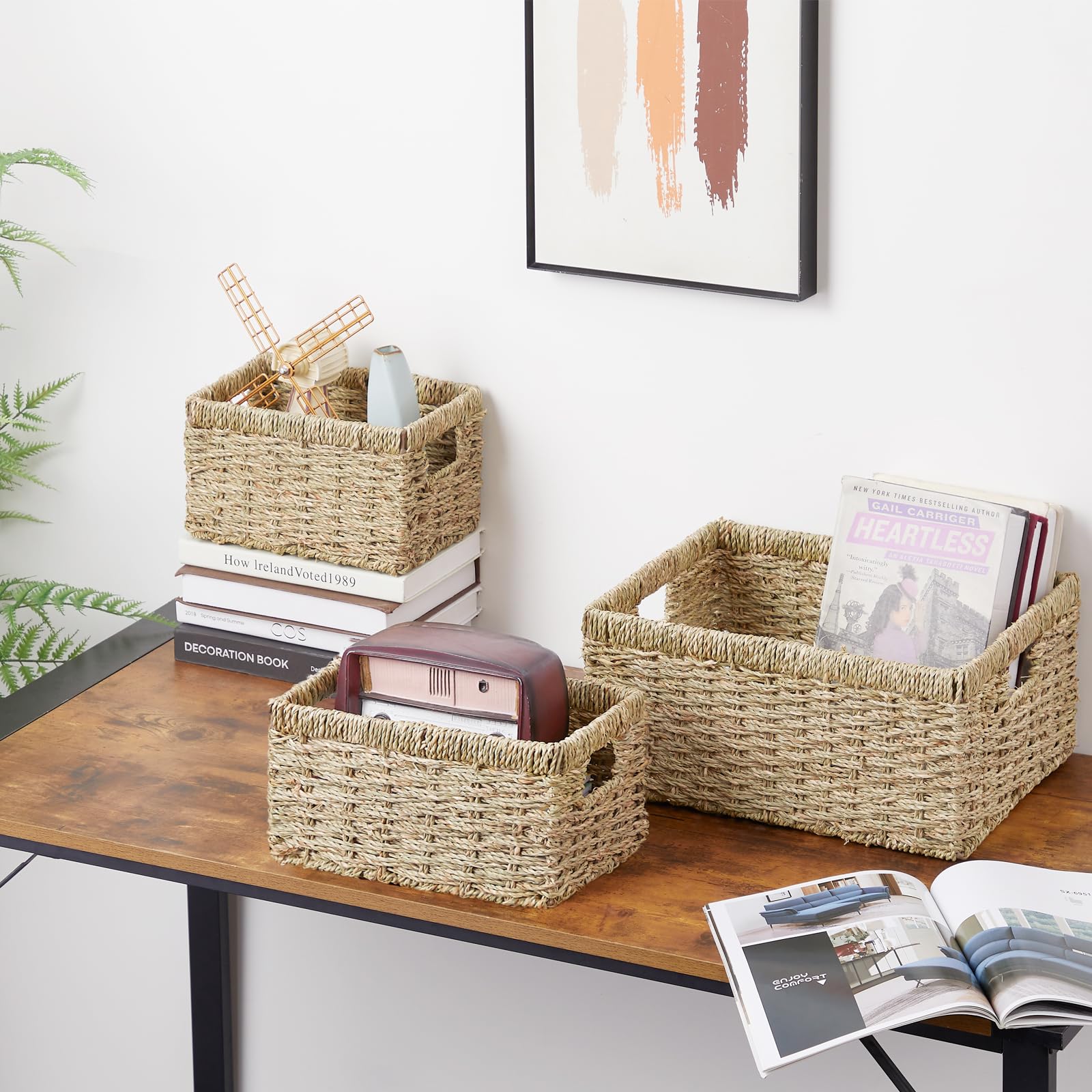 Vagusicc Wicker Basket, Set Of 3 Hand-Woven Storage Baskets For Organizing, Seagrass Wicker Storage Basket Bins With Handles, Sm