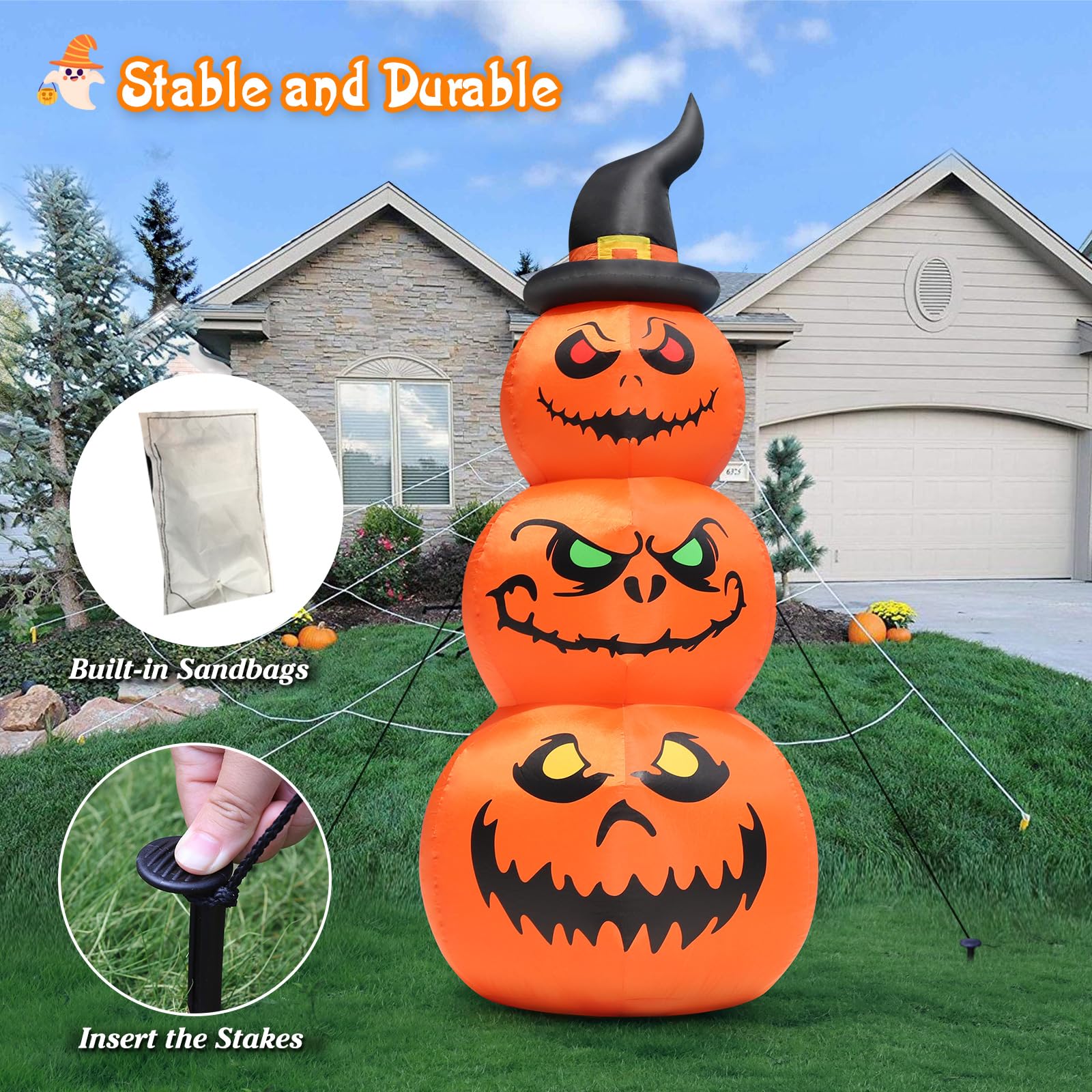 FunFanso 6FT Halloween Inflatable Pumpkins Outdoor Yard Decorations, Blow up Pumpkins with Witchs Hat and Bright LED Lights, Spo