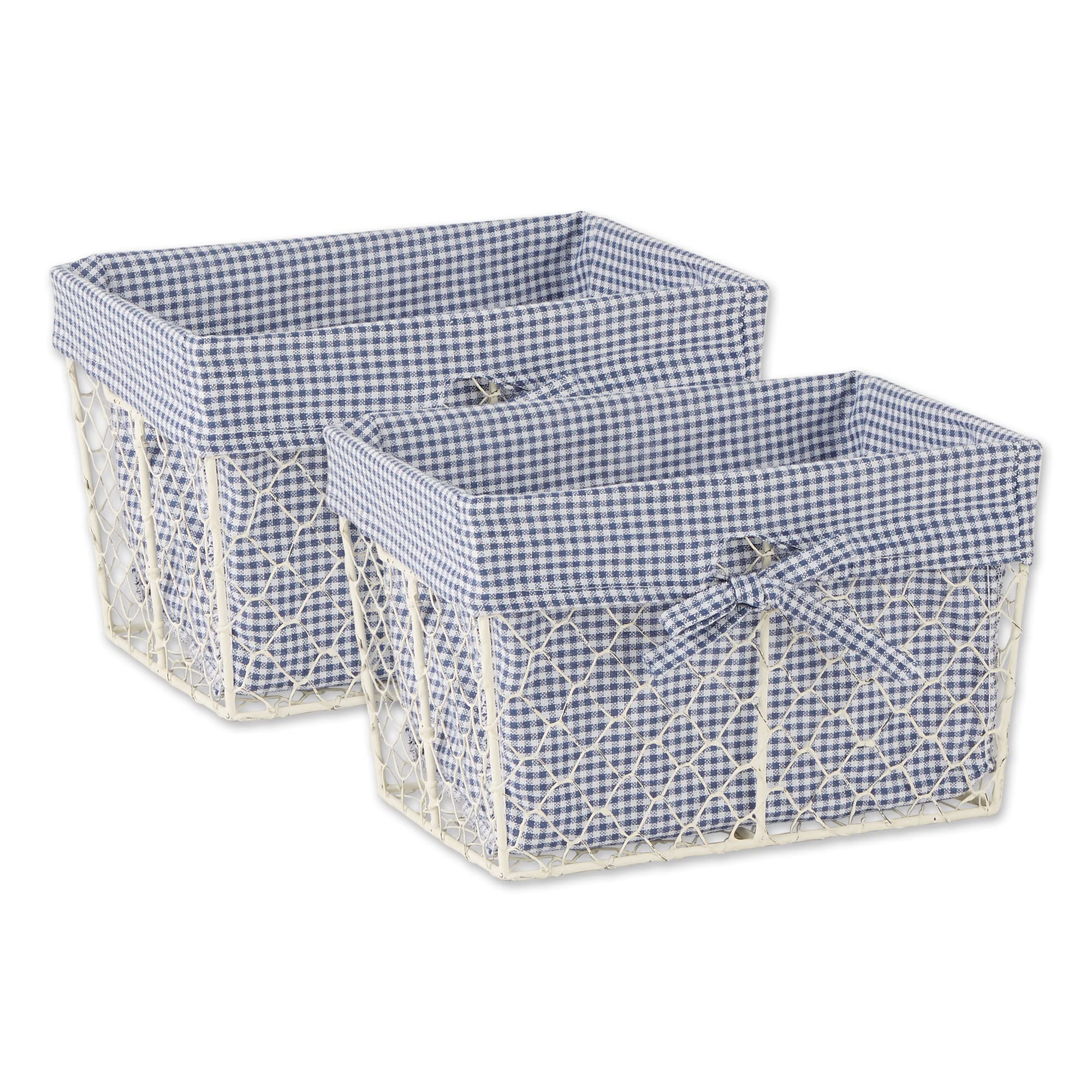 MEDIUM ANTIQUE WHITE CHICKEN WIRE FRENCH BLUE & WHITE GINGHAM CHECK LINER BASKET SET/2