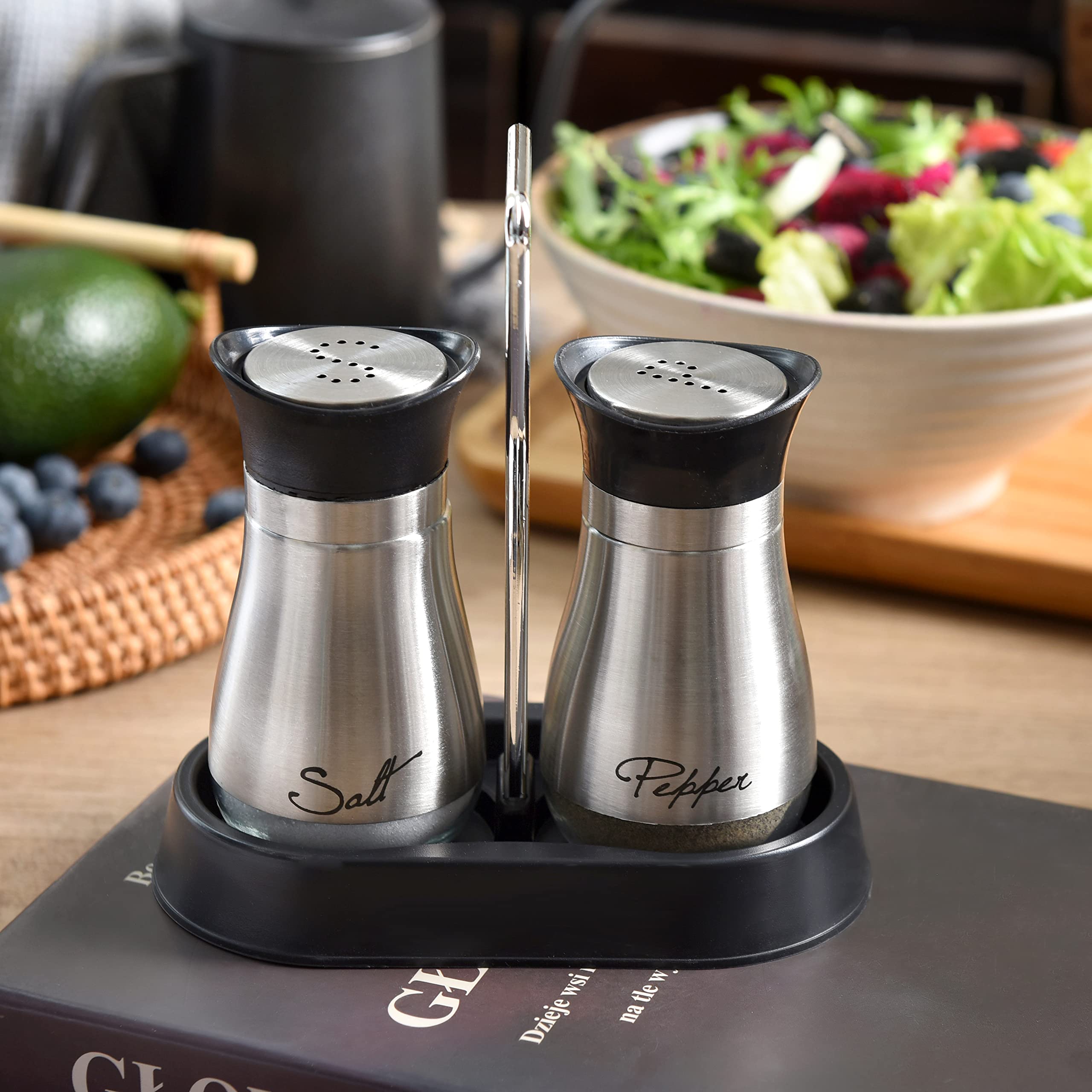 Wartter Stainless Steel And Glass Salt And Pepper Shaker Sets With Holder (Sliver)