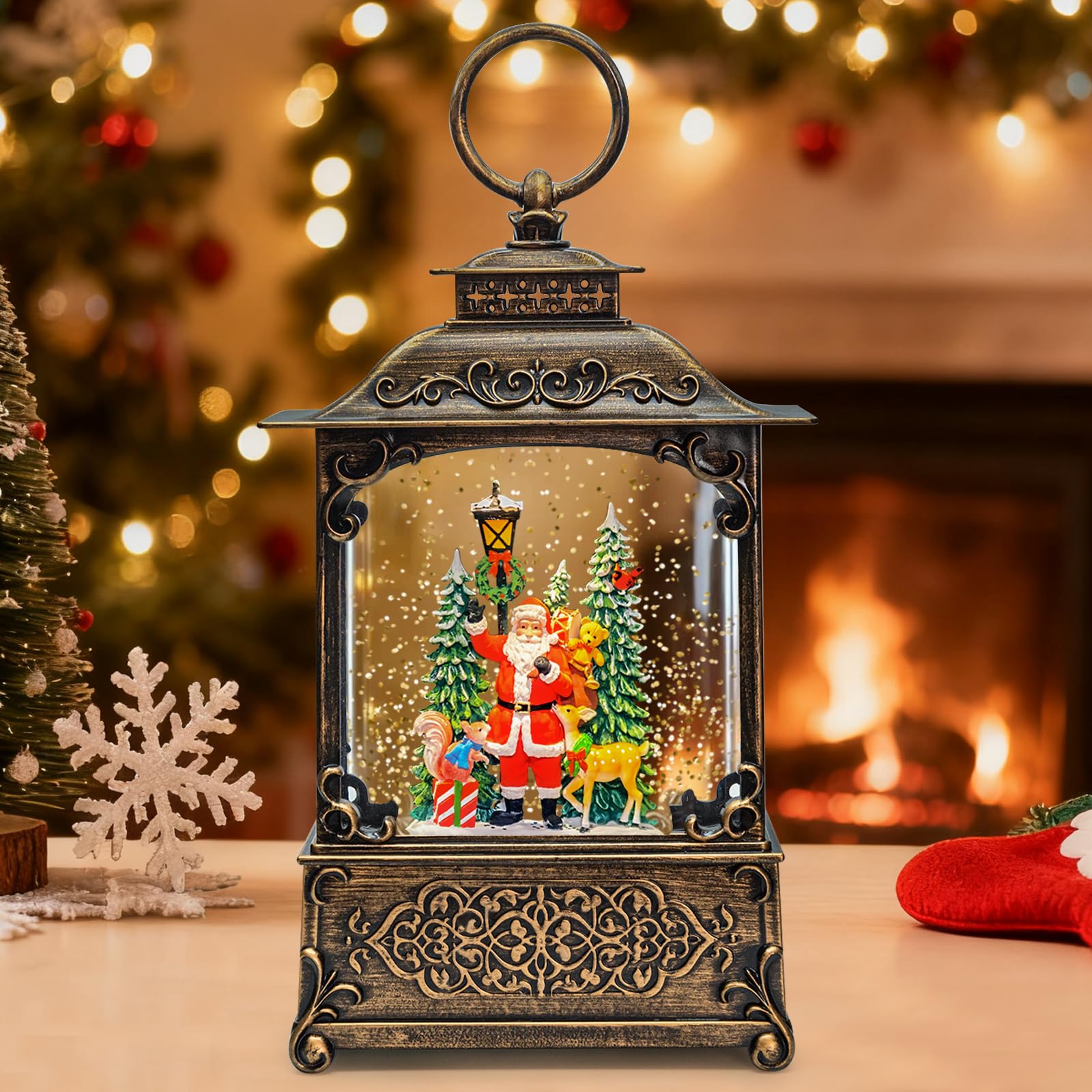 Christmas Snow Globes Lantern, Santa Claus Squirrel & Deer Christmas Decorations Indoor, 6H Timer Battery & USB Powered Light Up