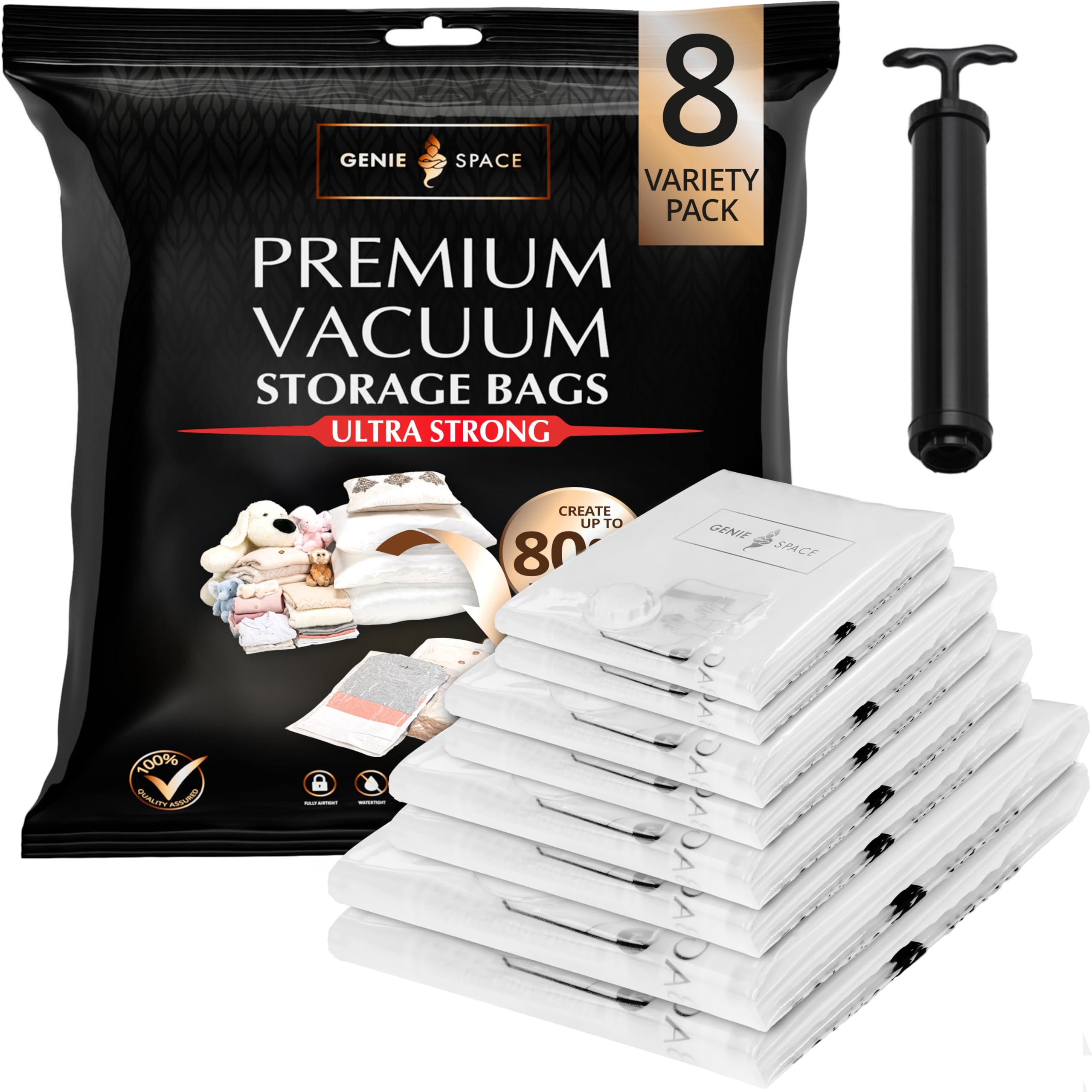 GENIE SPACE - Incredibly Strong Premium Space Saving Vacuum Bags Storage | Variety 8 Pack (2XL+2L+2M+2S) | Airtight & Reusable | Create 80% more space | For Clothes  Towels  Bedding  Duvets and more..