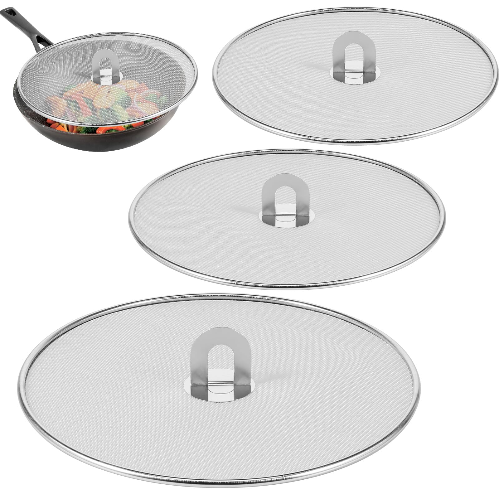 3PCS Stainless Steel Splatter Guard, 9.8 11.4 13 Frying Pan Splatter Screens, Fine Mesh Splash Proof Oil Splash Guard with Fo